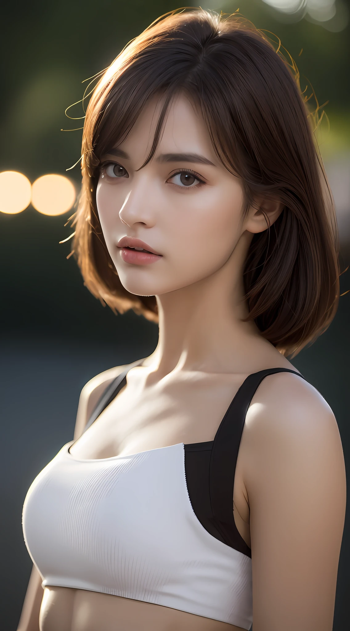 ((Realistic lighting, Best quality, 8K, Masterpiece: 1.3)), Clear focus: 1.2, 1girl, Perfect beauty: 1.4, Slim abs: 1.1, ((Dark brown hair)), (White crop top: 1.4), (Outdoor, Night: 1.1), Park view, Super fine face, Fine eyes, Double eyelids,