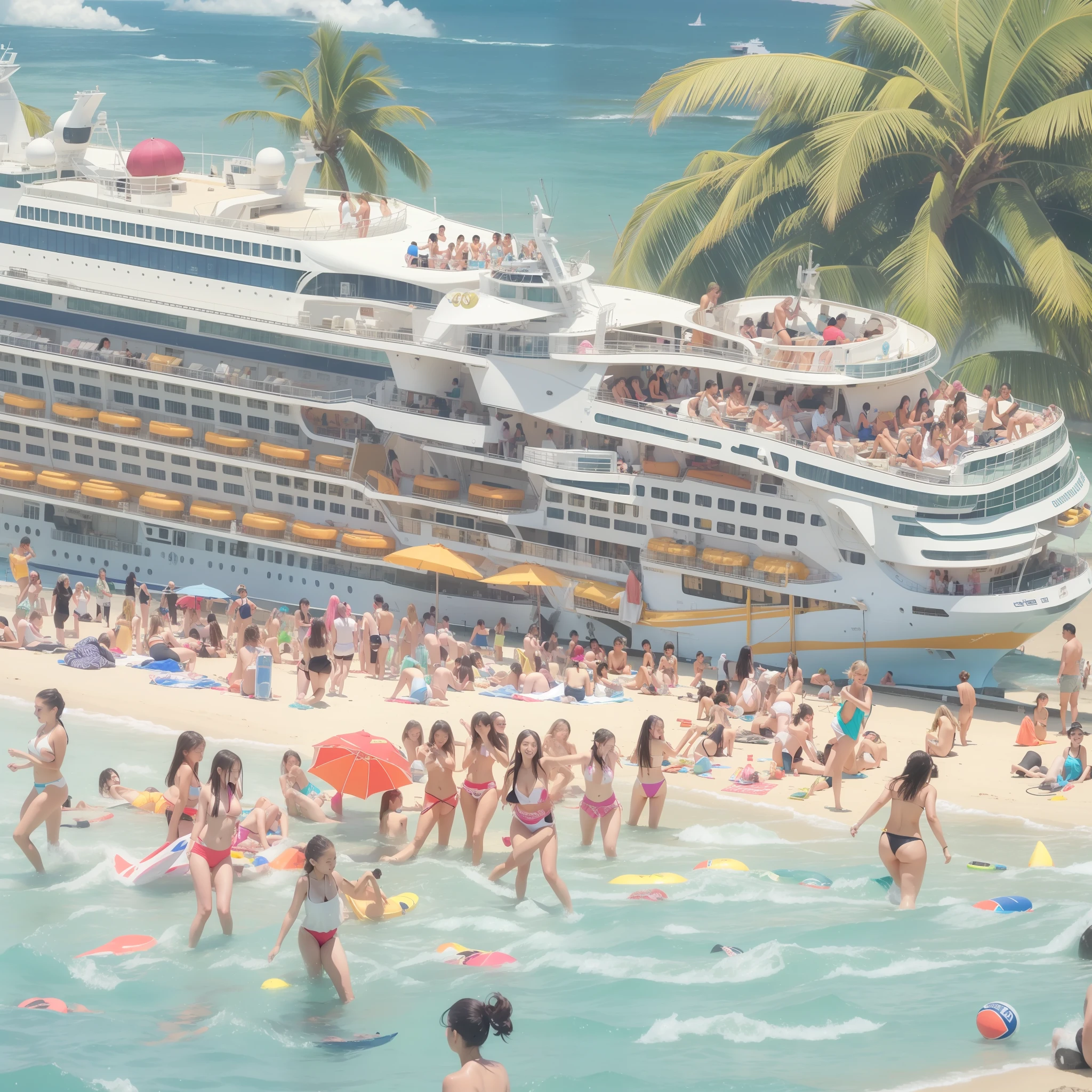 Long-distance large cruise ships,Seven high school girls in bikinis play on the resort beach