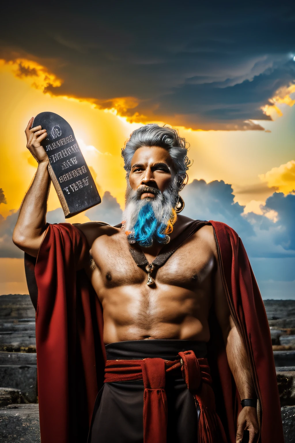 OldEgyptAI, pharaon head, a storm in the background behind him,cloud, cloudy sky, Standing At Attention,(Upper_body), holding two large stone plaque with numbers writing on it's, red cape, long beard, White_hair,Short_hair,Blue_eyes, 1 old Man, looking at viewer,(closed mouth:1.0), serious, official art,extremely detailed CG unity 8k wallpaper, perfect lighting,Colorful, Bright_Front_face_Lighting, (masterpiece:1.0),(best_quality:1.0), ultra high res,4K,ultra-detailed, photography, 8K, HDR, highres, absurdres:1.2, Kodak portra 400, film grain, blurry background, bokeh:1.2, lens flare, (vibrant_color:1.2),