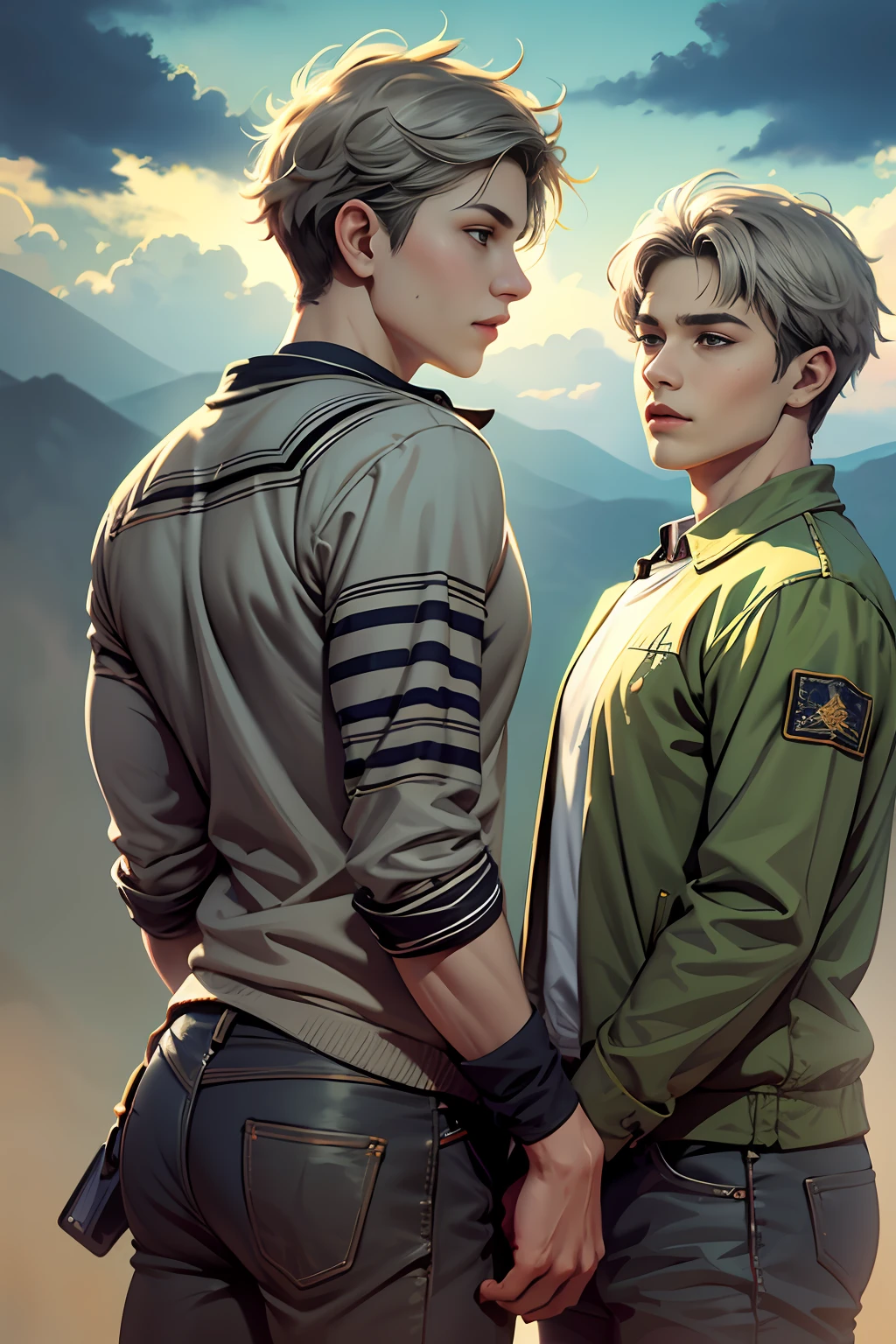 Two 15-year-old teenage friends with Latin skin and light gray hair at school are talking about an important topic are friends almost like brothers........Magnificent background of the sky, dramatic, hermoso, premiado, obra maestra,