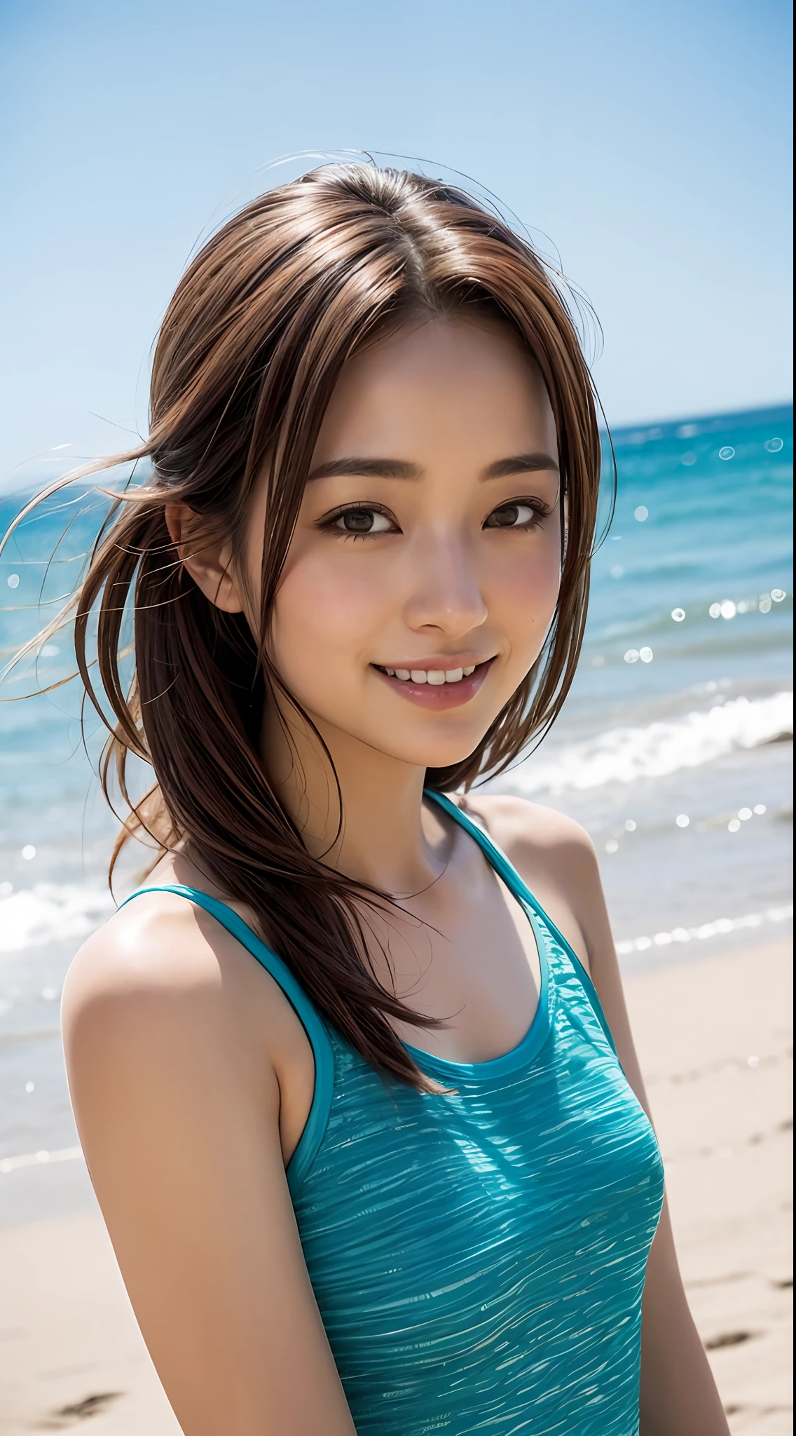 doress、(Photorealsitic:1.4)、(hyper realisitic:1.4)、(realisitic:1.3)、(Smooth lighting:1.05)、(Improved lighting quality in movies:0.9)、32K、1girl in、20 years girl、Realistic lighting、Back lighting、Facial light、raytrace、(brightened light:1.2)、(enhanced quality:1.4)、(Top quality real texture skins:1.4)、finely eye、finerly detailed face、Fine quality eye、(Tired, sleepy and satisfied:0.0)、 close up of face、tshirts、(enhance body line mood:1.1)、(Increase the beauty of skin texture:1.1)、((Aya Ueto))、shores、sand beach、vague、blue-sky、a smile