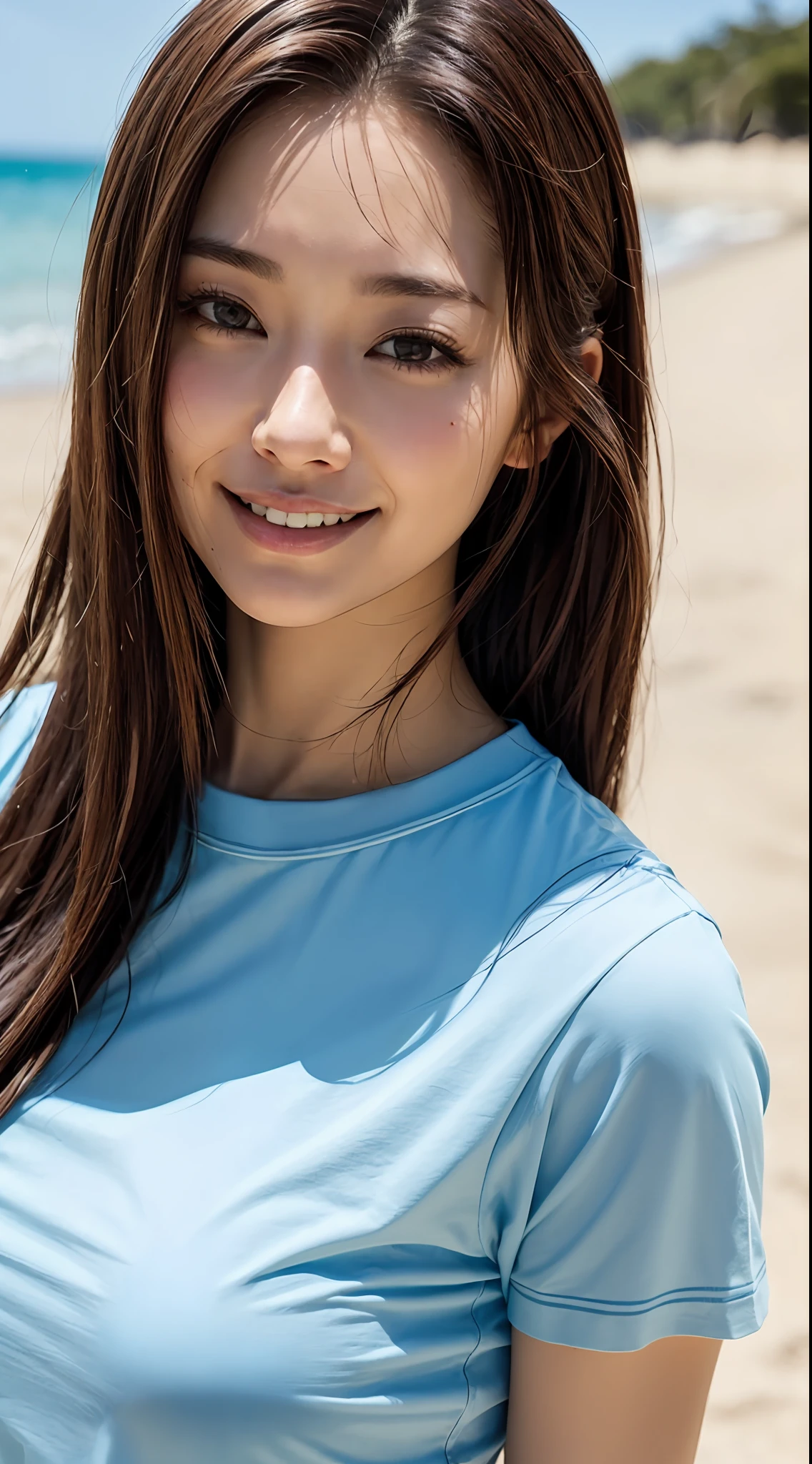 doress、(Photorealsitic:1.4)、(hyper realisitic:1.4)、(realisitic:1.3)、(Smooth lighting:1.05)、(Improved lighting quality in movies:0.9)、32K、1girl in、20 years girl、Realistic lighting、Back lighting、Facial light、raytrace、(brightened light:1.2)、(enhanced quality:1.4)、(Top quality real texture skins:1.4)、finely eye、finerly detailed face、Fine quality eye、(Tired, sleepy and satisfied:0.0)、 close up of face、tshirts、(enhance body line mood:1.1)、(Increase the beauty of skin texture:1.1)、((Aya Ueto))、shores、sand beach、vague、blue-sky、a smile