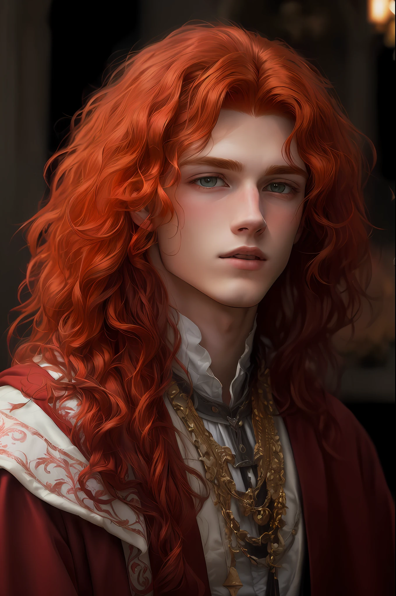 Red-haired man with long wavy red hair and a red cape, red-haired ager, renaissance prince, in high renaissance style, in renaissance style, young and handsome pale Roma, with wavy red hair, flowing red hair, in renaissance style, inspired by Hans Bol, with long red hair, wavy red hair, long pale skin, and wavy red hair