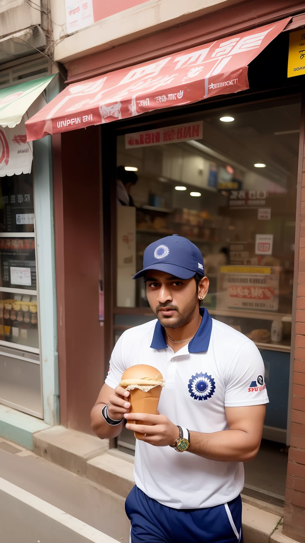 Ms dhoni  in Indian Street, eating fast food and cyberpunk handsome boy ultra realistic face,