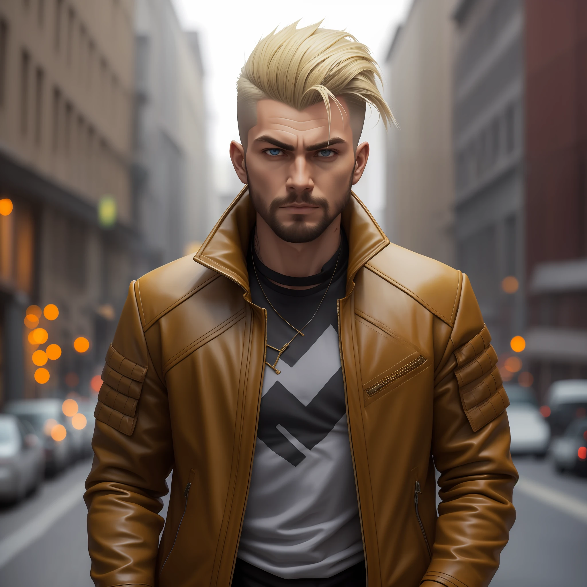 Nordic man standing in the street with undercut haircut and yellow leather jacket and hair, Portrait of a Bloody Hunter , Badass anime 8k