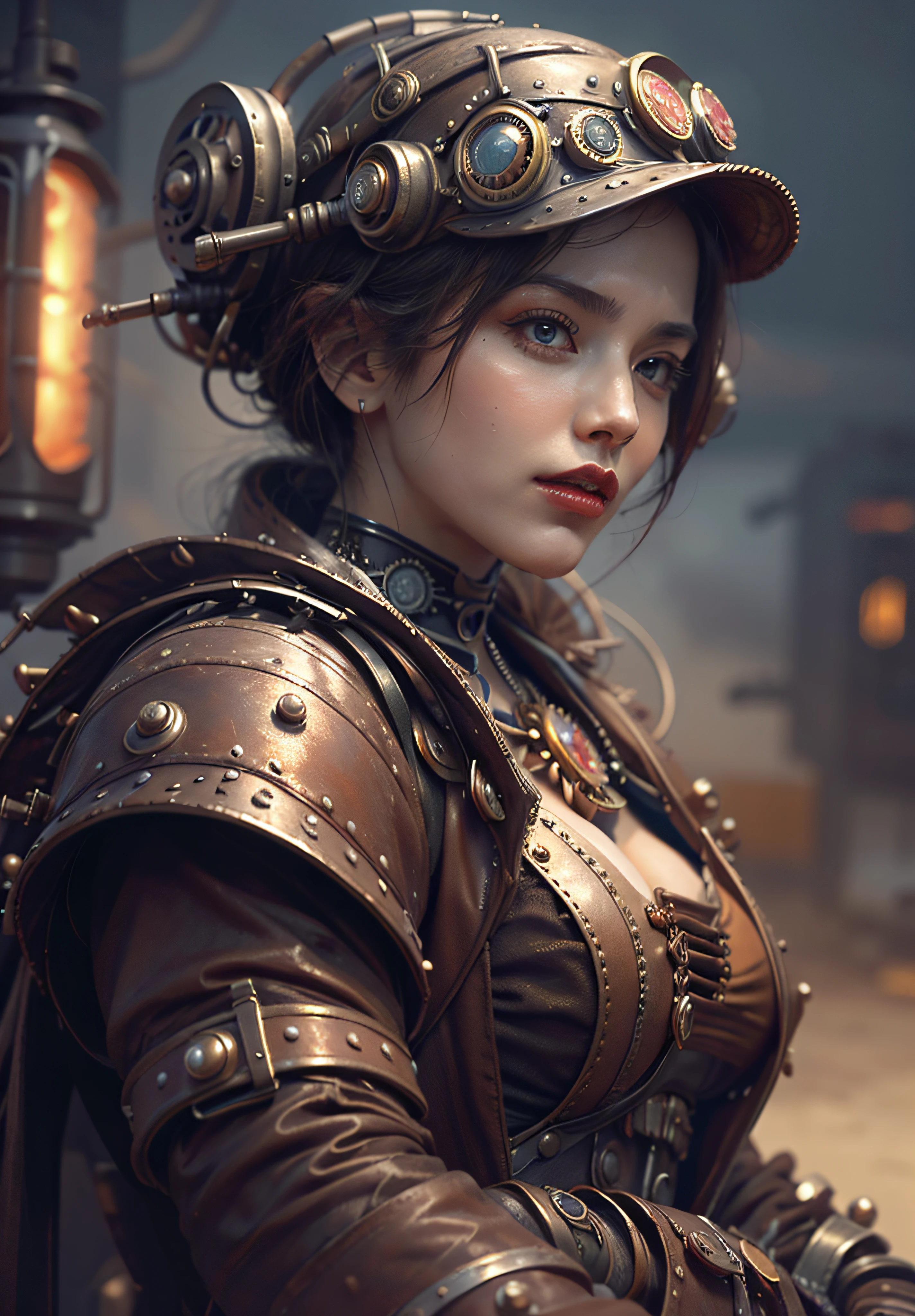 There's a woman close up. com um capacete movido a vapor, arte conceitual steampunk, arte steampunk digital, arte steampunk de alta qualidade, Wojtek FUS, arte digital steampunk, detailed steampunk illustration, Portrait of a mechanical woman, arte steampunk, estilo de arte dieselpunk, cyberpunk steampunk, estilo de fantasia steampunk, Arte digital altamente detalhada em 4k, sci-fi steampunk