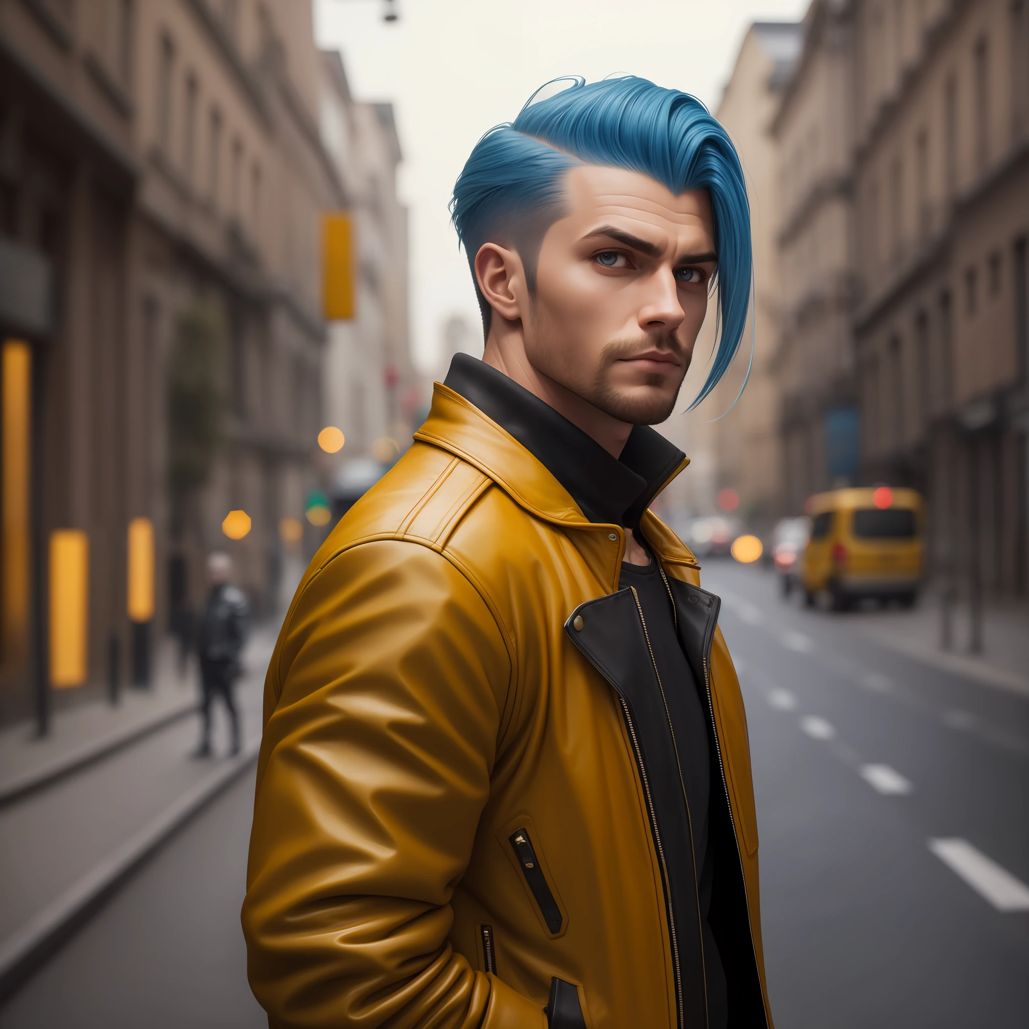 Nordic man standing in the street with undercut haircut and yellow leather jacket and hair, Portrait of a Bloody Hunter , Badass anime 8k