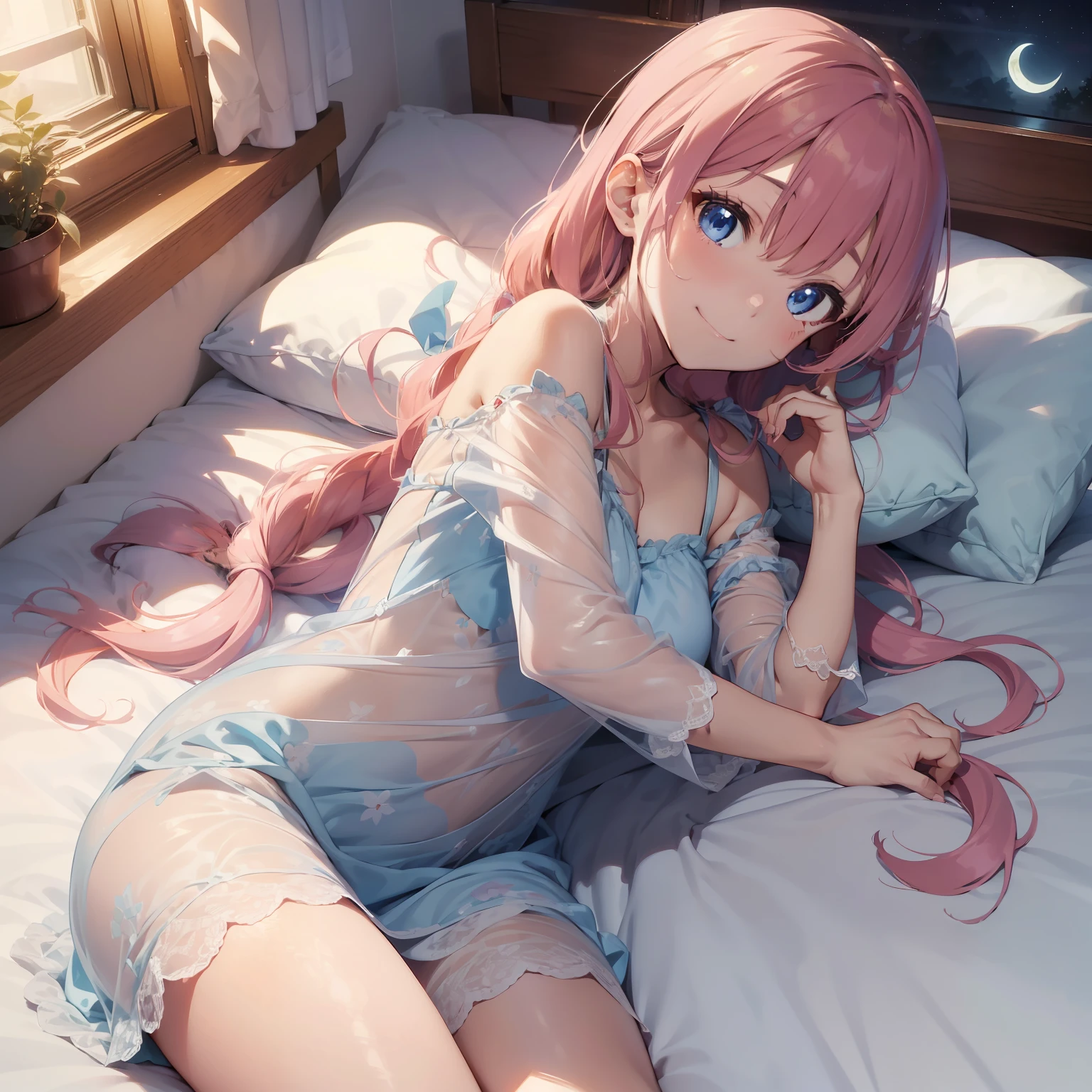 ((masterpiece))、((best qualtiy)、(Super Detail)、8K、Delicate depictions are filmed in anime style。(natta:1.4)、(A smile)、 (Very long hair、Pink hair and bright blue eyes、)(Twin-tailed)Her blue eyes are highlighted。She's lying。(See-through nightdress),Moon,window,Bedroom,(Lying in bed with a pillow)