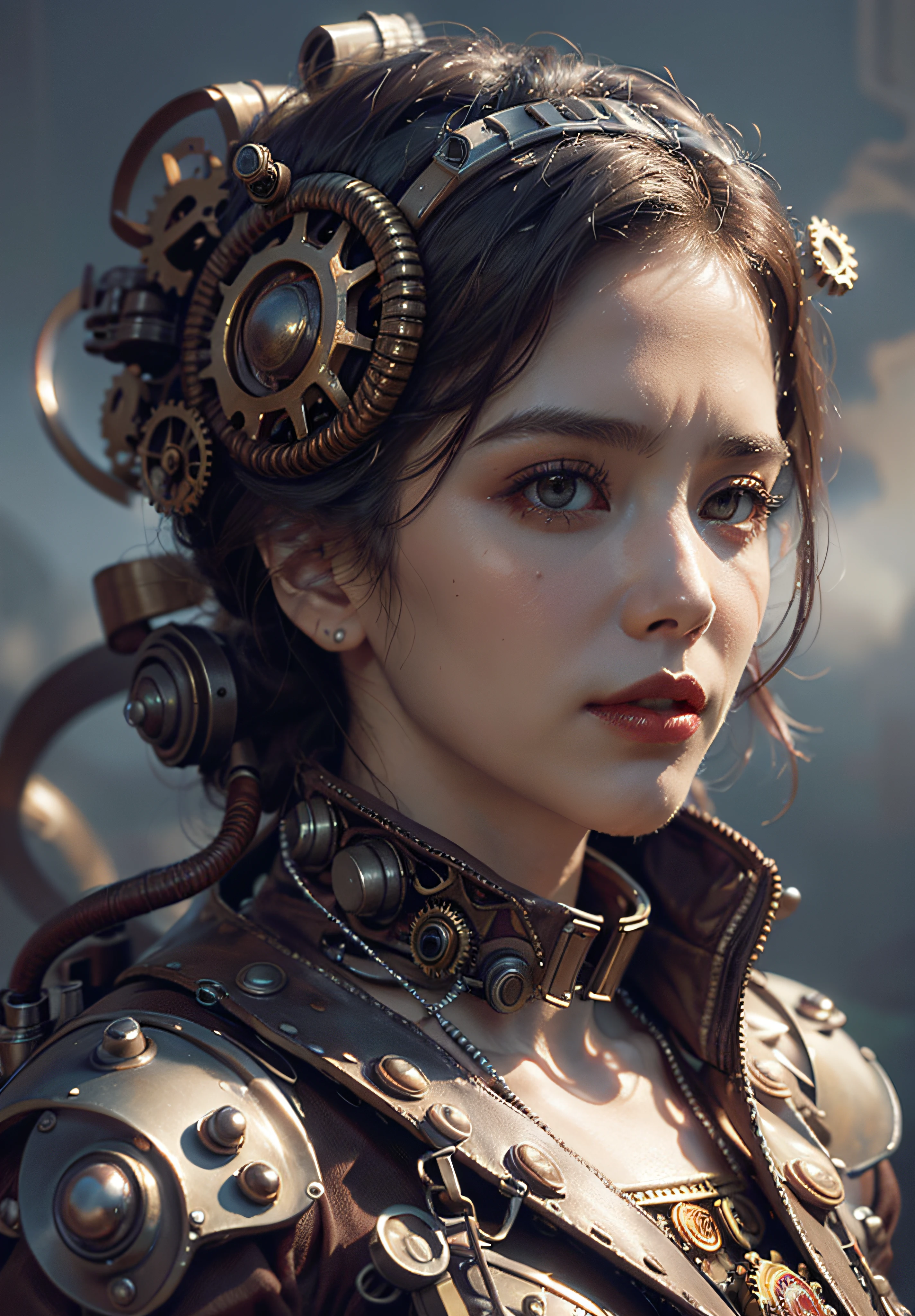 There's a woman close up. com um capacete movido a vapor, arte conceitual steampunk, arte steampunk digital, arte steampunk de alta qualidade, Wojtek FUS, arte digital steampunk, detailed steampunk illustration, Portrait of a mechanical woman, arte steampunk, estilo de arte dieselpunk, cyberpunk steampunk, estilo de fantasia steampunk, Arte digital altamente detalhada em 4k, sci-fi steampunk