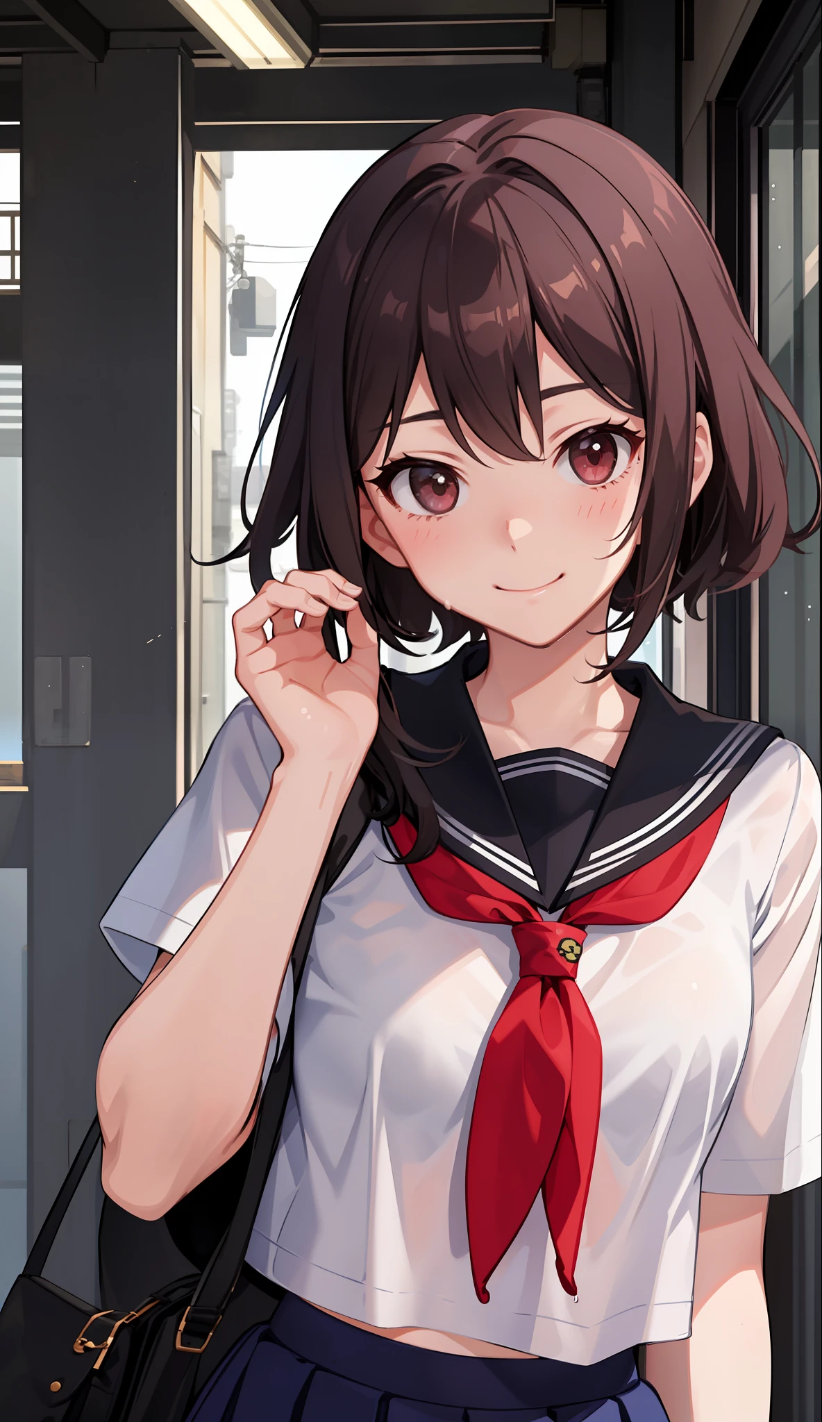 1girl in、A smile、The shirt、skirt by the、（small tits）Chilarism、Japan High School Student Uniform、serafuku、summer clothing、Squall Drenched Uniform、 Sheer milk、（Upper body portrait）、