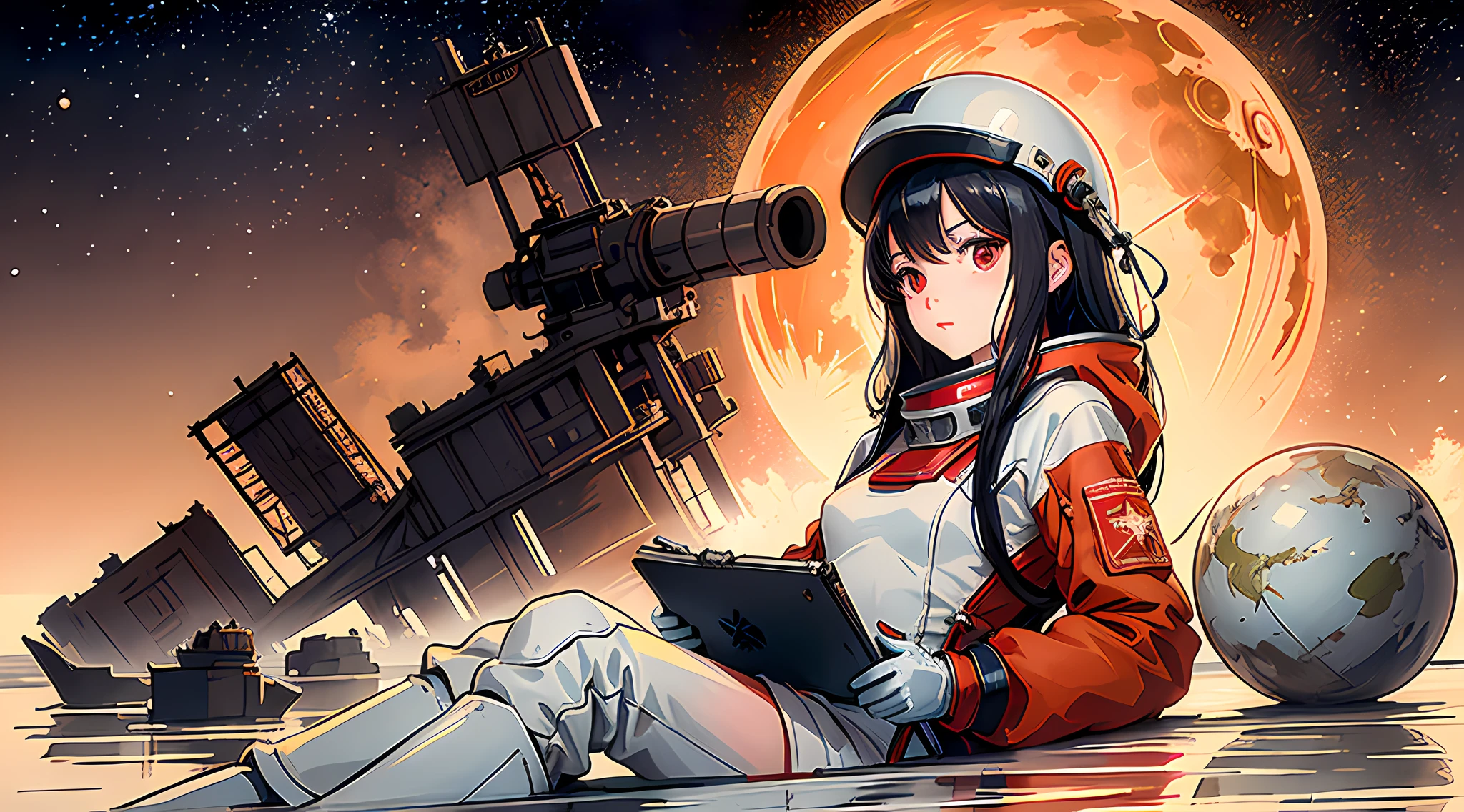 1girl, flat chested, cute, beautiful detailed eyes, shiny hair, visible through the hair, hair between the eyes, CCCPposter, sovietposter, red monochrome, Soviet poster, USSR, communism, black hair, red eyes, vampire ,girl,small breasts,spacesuit:Orange_clothing_body:jumpsuit ), white_gloves, white_space shoes, white_helmet, CCCP scarlet letters on the top of the helmet, weightlessness, Side light, reflection, the person in the spacesuit is at the bottom left of the picture, right hand outstretched, right hand Gently touch the Salyut space station), the space station in the upper right corner of the screen, the reflected light of the sun, silver metal, red flag, brilliance, Soviet style, diffuse reflection, metal texture, blue earth in the distance, mech style, star sea, high-profile, majestic