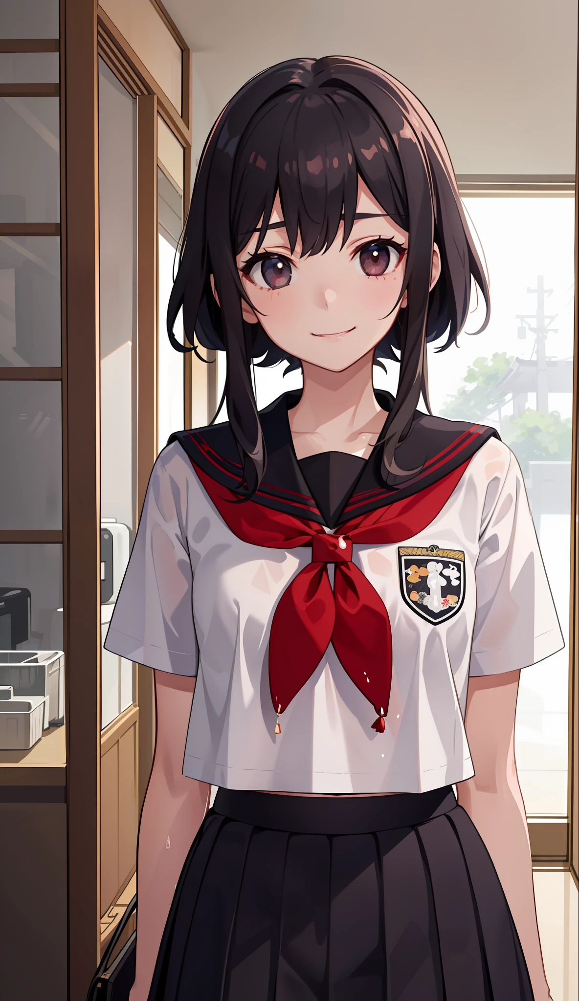 1girl in、A smile、The shirt、skirt by the、(small tits)Chilarism、Japan High School Student Uniform、serafuku、summer clothing、Squall Drenched Uniform、 Sheer milk、(Upper body portrait)、