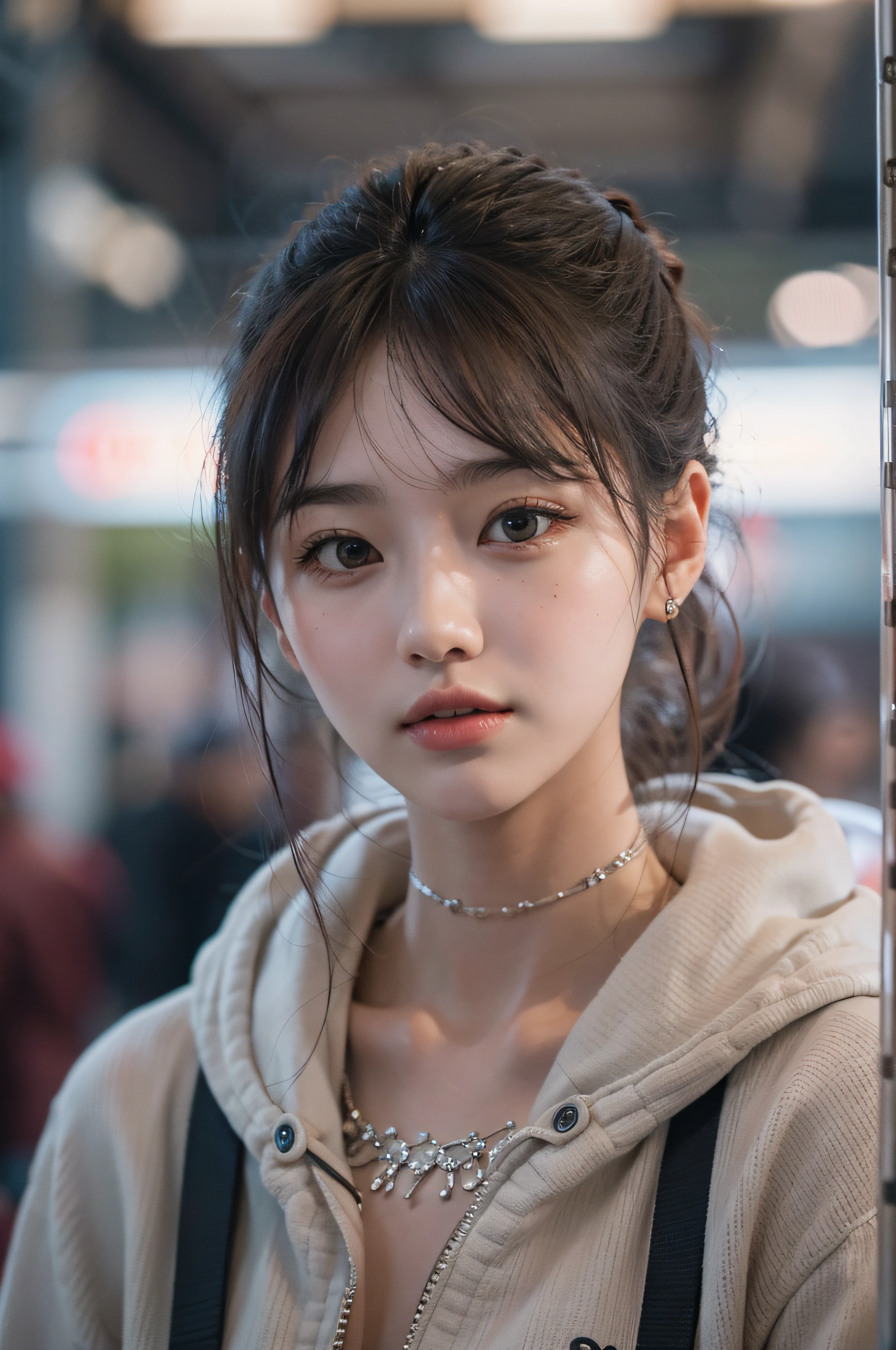 Best Quality Detail:1.2, realisitic, 8K UHD, hight resolution, 1girl in:1.2, The ultra-detailliert, High quality textures, intricate detailes, detaileds, Very detailed CG, High quality shadows, Detail Beautiful delicate face, Detail Beautiful delicate eyes, depth of fields, Ray traching, in her 20s, Pretty Kpop Girl, Korean Urzan Face:1.1, Slender face, ulzzang -6500-v1.1:0.6, pureerosface_v1, gloweyes, teak, Glossy lips, perfectbody, a choker、cleavage of the breast、 Brown hair、poneyTail:1.1, Street, Particle, look at viewr, Photorealsitic:1.4, ultra-detailliert, photos realistic, 4K 8K UHD Full Color RAW Photos, Fuji Film(Medium format:1.2), Hasselblad:1.2, Carl zeiss:1.1, Incredible dynamic range photography(UTIL_Art by Smoose-768:1.1), hight resolution, High pixel count, clear details, crisp image, Natural color reproduction, Noise Reduction, High fidelity, qulity, Software Improvements, Upscaling, Optimized algorithms, Pro-level retouching、((Shibuya, tokyo prefecture))、On the way to shopping、((Fashionable clothes with a very high design))、Casual Tracksuit: Sporty and casual tracksuit、Fashionable style