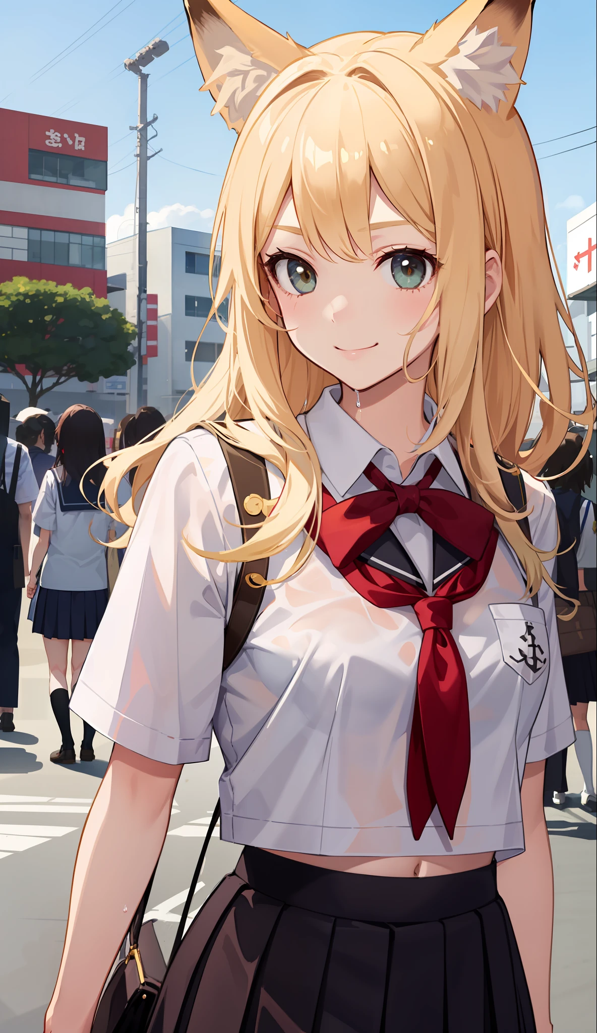 1girl in、A smile、The shirt、skirt by the、（small tits）Chilarism、Japan High School Student Uniform、serafuku、summer clothing、Squall Drenched Uniform、Sheer Bra、Fox ears、Blonde hair、（Upper body portrait）、