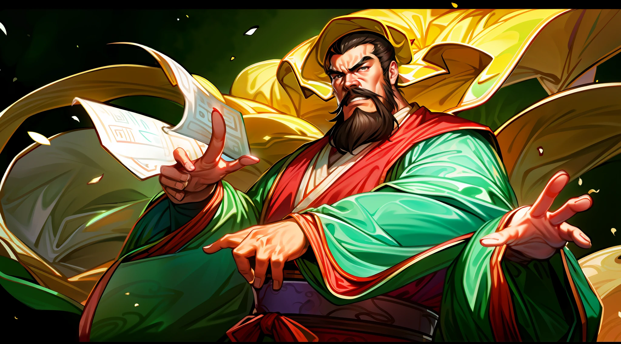 (4k, best quality, highres:1.1), (masterpiece:1.1), man, Chinese male, detailed eyes, looking at viewer, (Chen Daoming:1.6), facial_hair, hanfu, 1boy, beard, male_focus, mustache, chinese_clothes, old, solo, old_man, wide_sleeves, own_hands_together, long_sleeves, topknot, robe, looking_at_viewer, wrinkled_skin