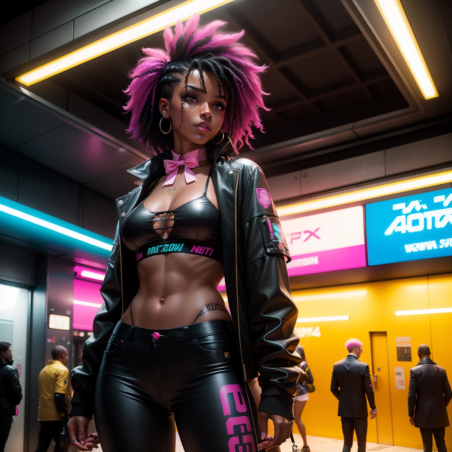 gostaria de uma imagem estilo cyberpunk em 4k de uma Mulher negra de mais ou menos 30 anos , forte, de pele negra ,rosto sexy com cabelo punk estilo anos 80 na cor do cabelo amarelo e azul muito elegante, futurista e estilo neon , com uma tatuagem super colorida e com neon ,Toattoo, facing a metro station on the platform , with station lights failing in a dimly lit environment, standing dressed in a dark yellow suit with a pink bow tie