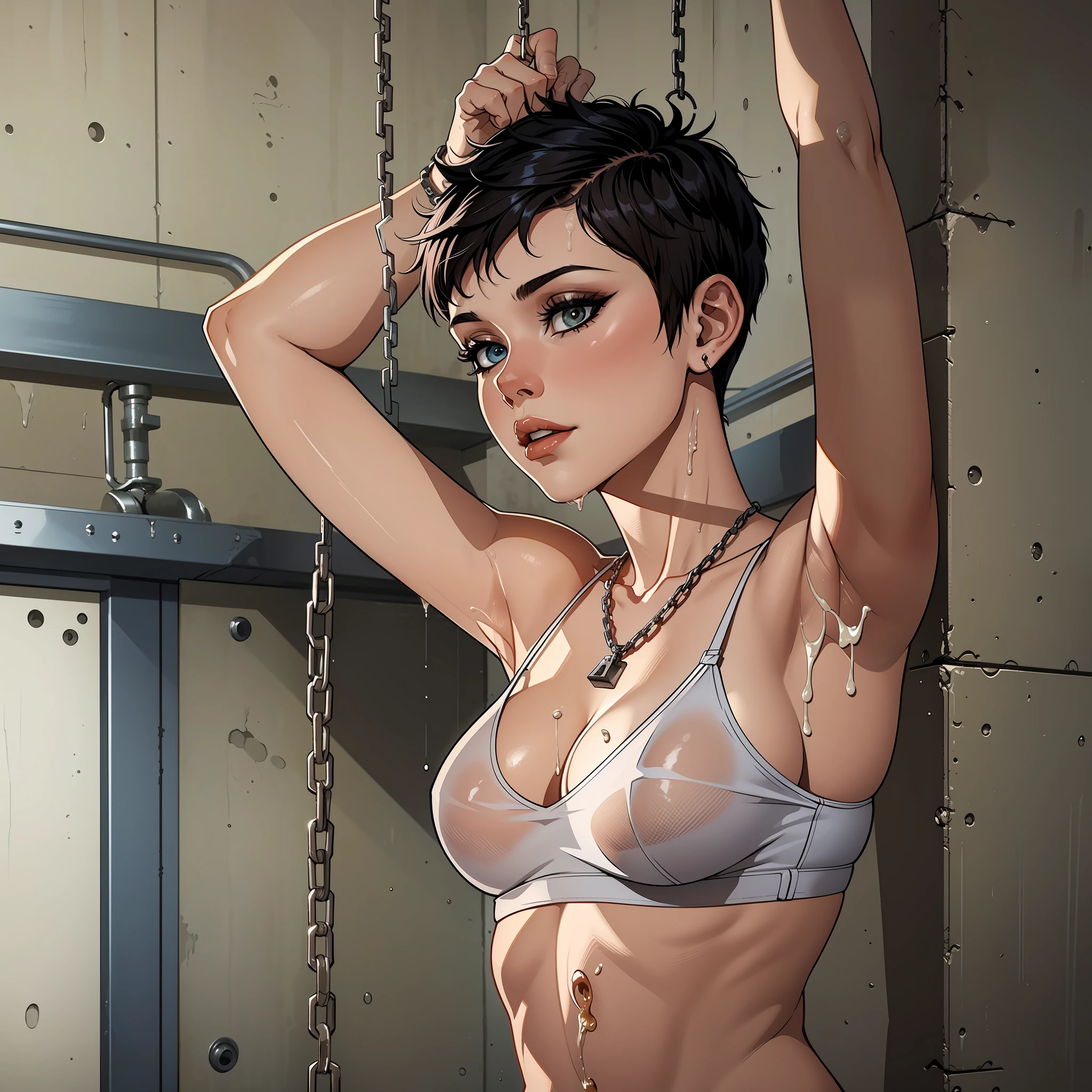 woman, short hair, pixie cut, chained to a steel beam in an industrial style flat, trying to reach someone’s, craving for it, covered in cum, semi-realistic