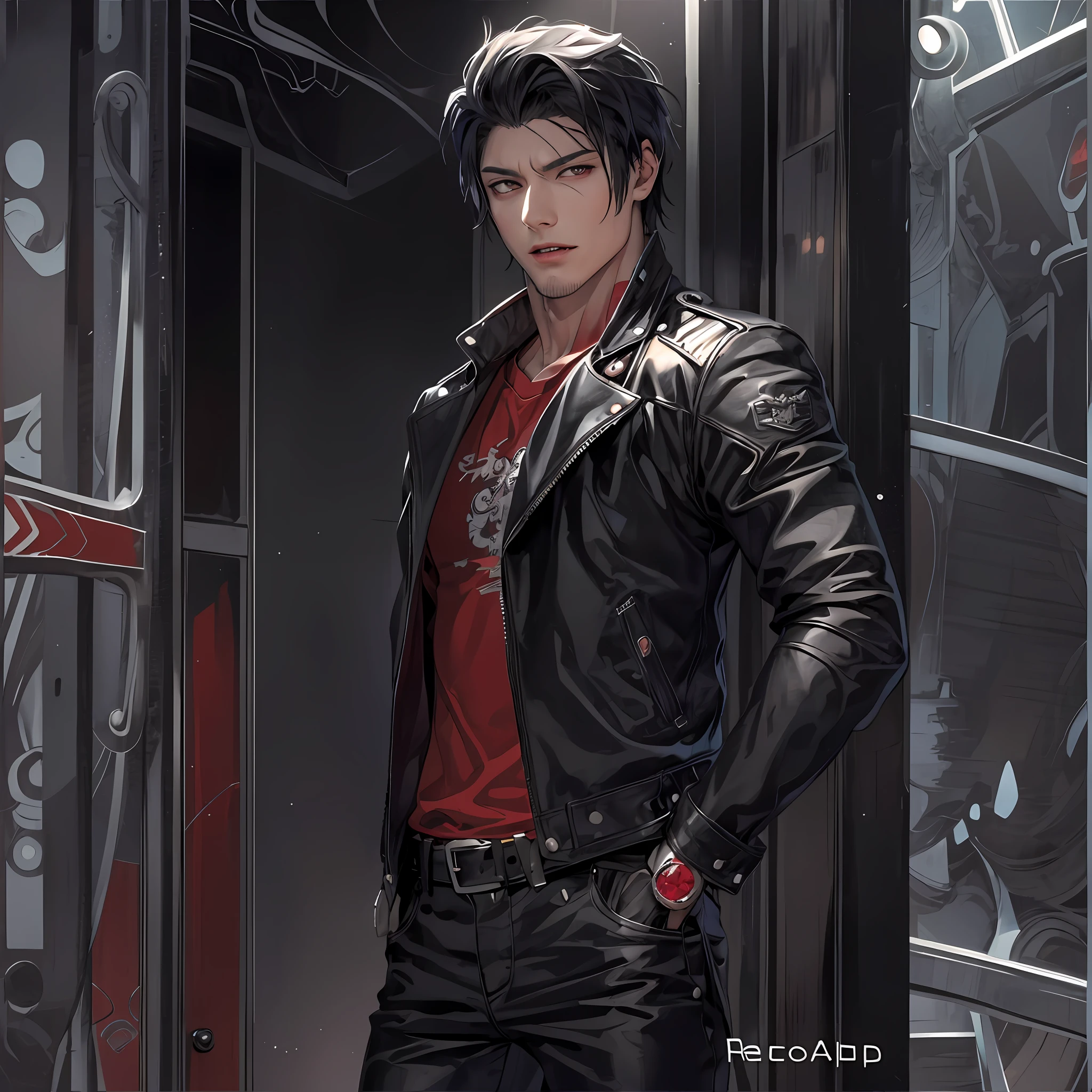 Anime character in black leather jacket standing in front of a red door, homem bonito anime, inspirado em Yasutomo Oka, vampiro masculino bonito, Retrato anime de um homem bonito, inspirado em Tomioka Tessai, inspirado em Yamagata Hiro, Kazuya Tsurumaki, handsome japanese demon boy, vampiro macho, pose de anime bonito