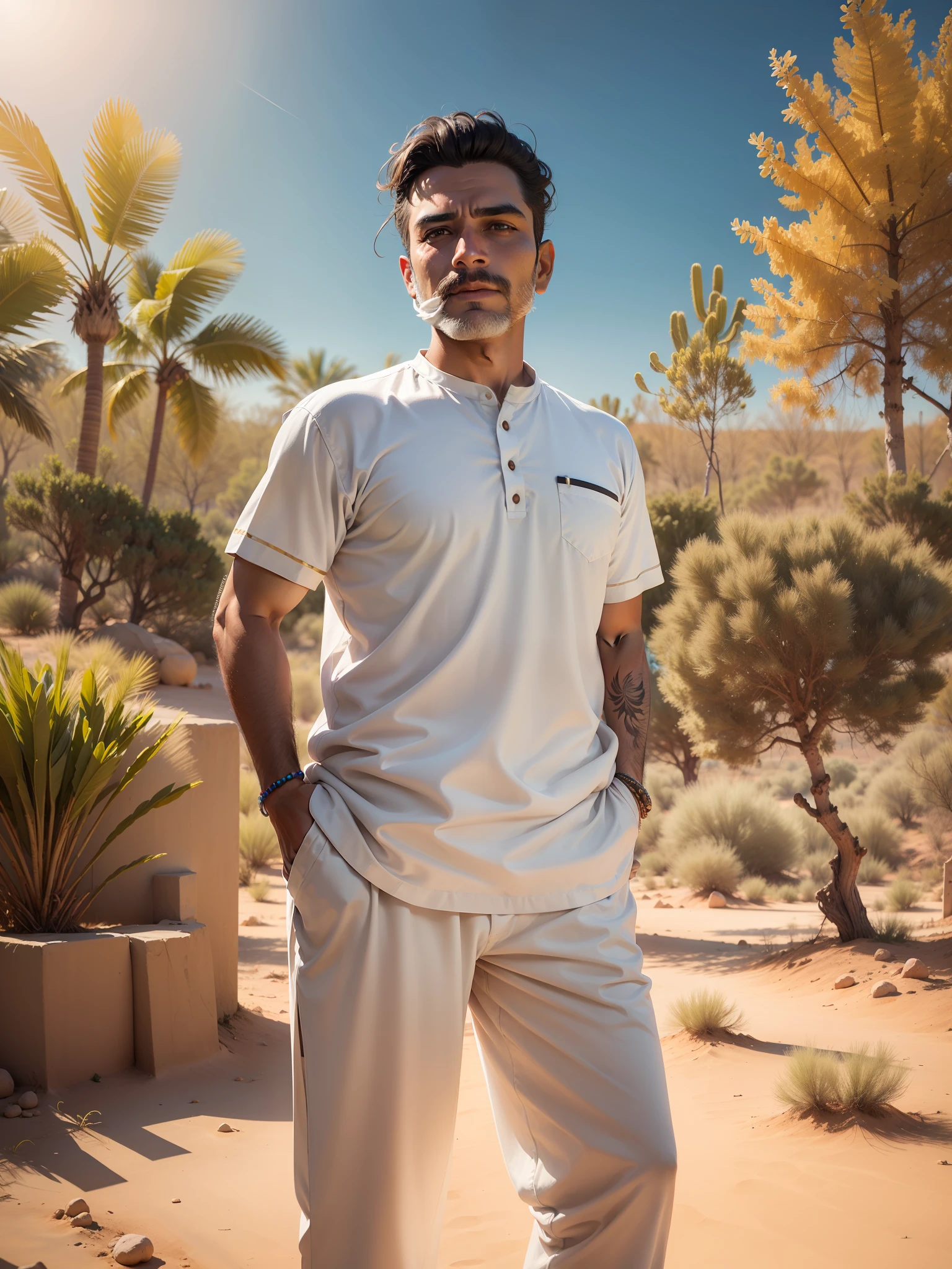 A men wearing white pyjama and white rajasthani shirt and white pagdi on the head at desert area two three three in background sunny day. Realistic face photo, high resolution