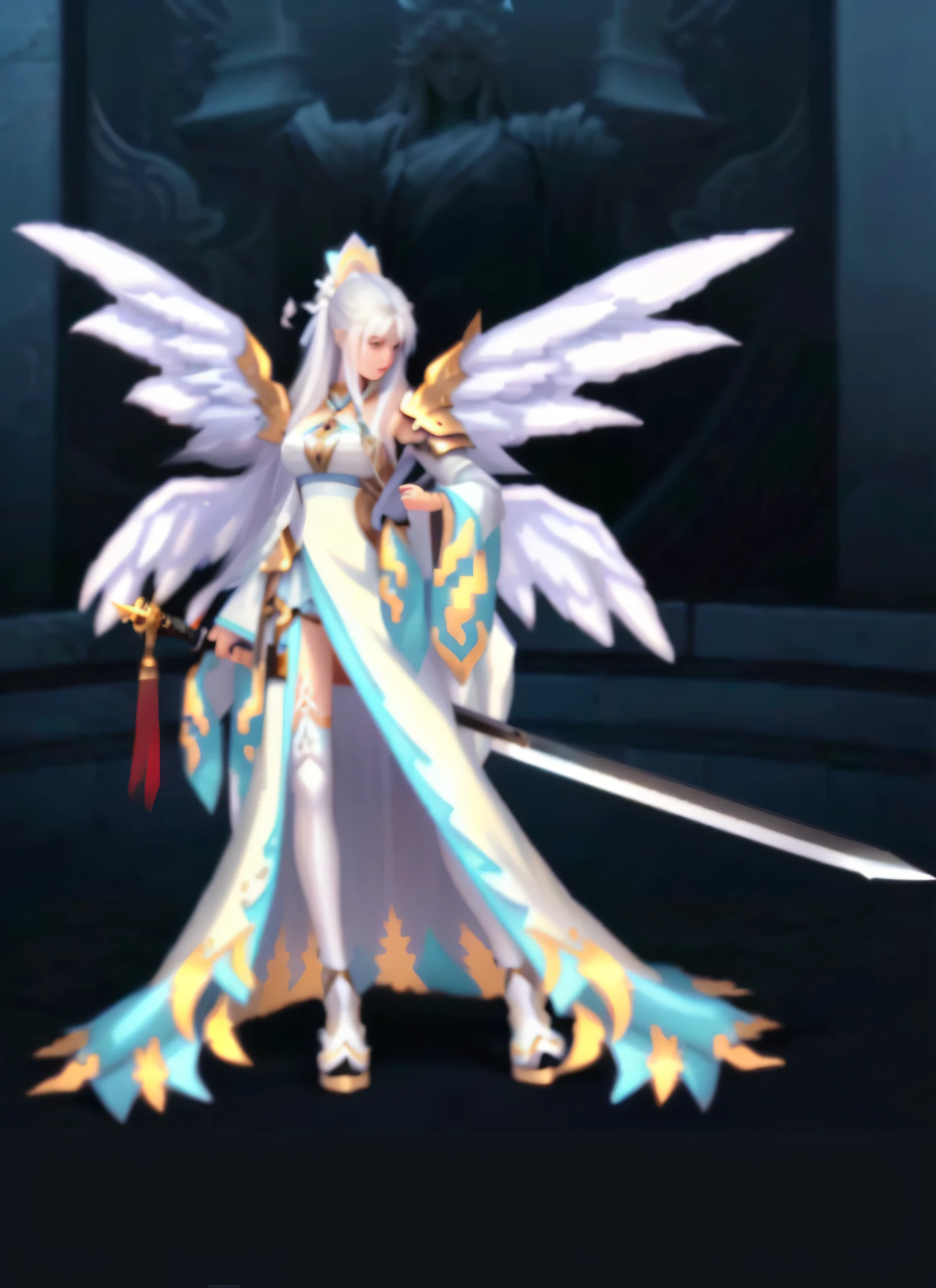 a close up of a person holding a sword in a room, Clear facial details,white stockings,full - body majestic angel, style of ghost blade, White-haired god, full-body xianxia, Epic angel wings, big white glowing wings, angel knight girl, tmasterpiece《Goddess of sorrow》, mystical valkyrie, onmyoji, gear aurora, seraphim, Katana Zero video game character,Perfect details,3D modeling,OC rendering,
