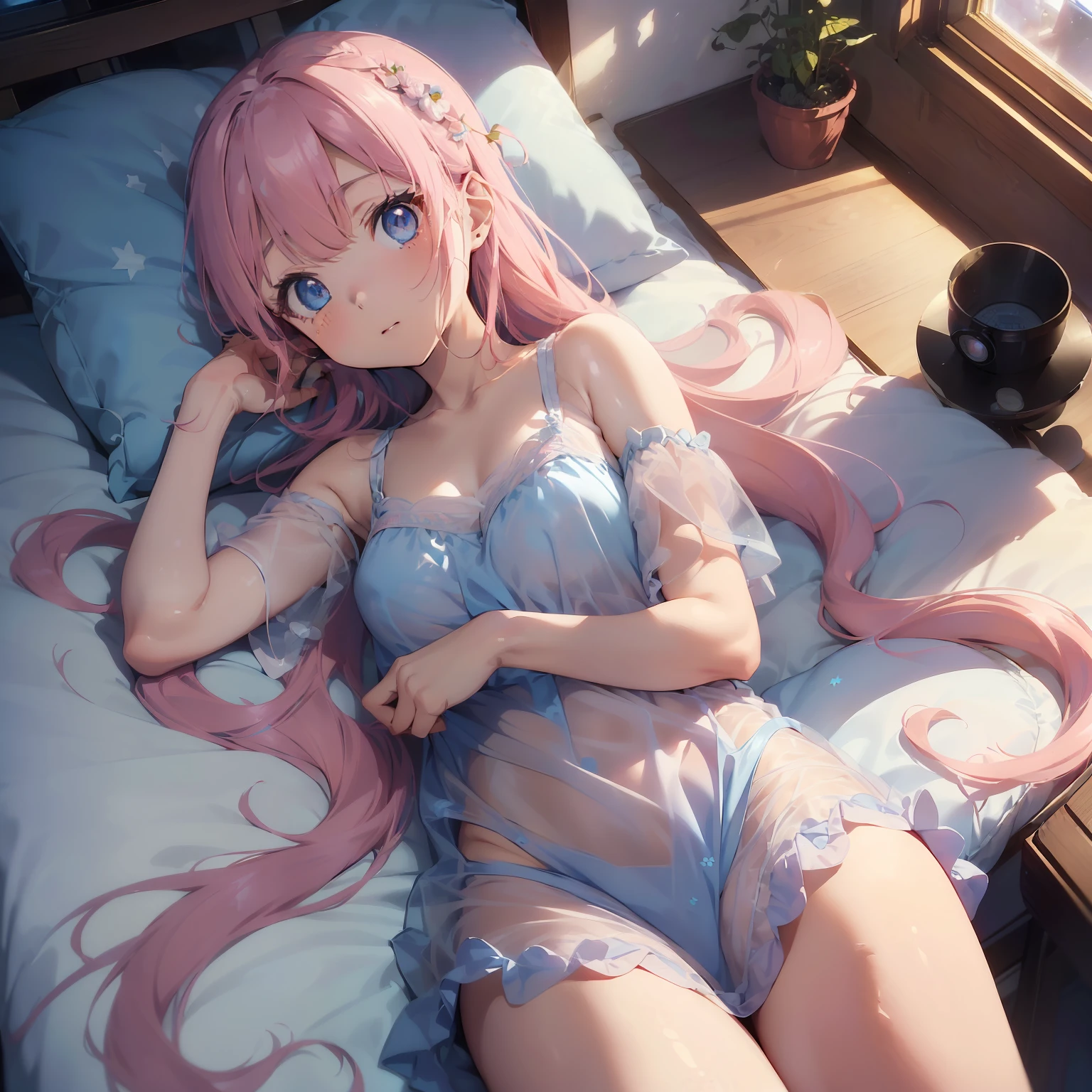 ((masterpiece))、((best qualtiy)、(Super Detail)、8K、Delicate depictions are filmed in anime style。 (Very long hair、Pink hair and bright blue eyes、)(Twin-tailed)Her blue eyes are highlighted。 The overall tone is brighter、She's lying。(see-through nightdress),Moon,window,Bedroom,(Lying on the bed with a pillow)