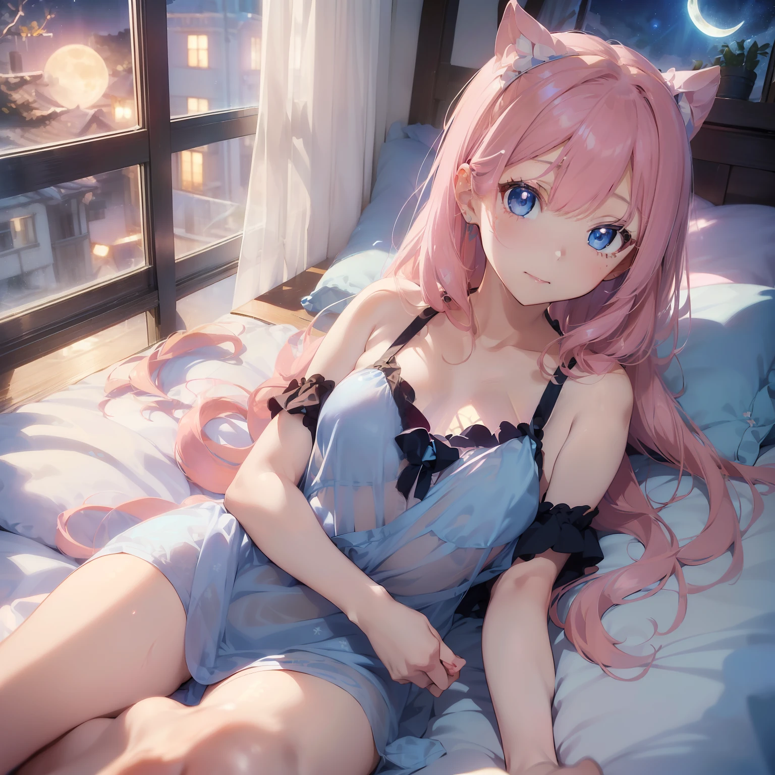 ((masterpiece))、((best qualtiy)、(Super Detail)、8K、Delicate depictions are filmed in anime style。 (Very long hair、Pink hair and bright blue eyes、)(Twin-tailed)Her blue eyes are highlighted。 The overall tone is brighter、She's lying。(see-through nightdress),Moon,window,Bedroom,(Lying on the bed with a pillow)