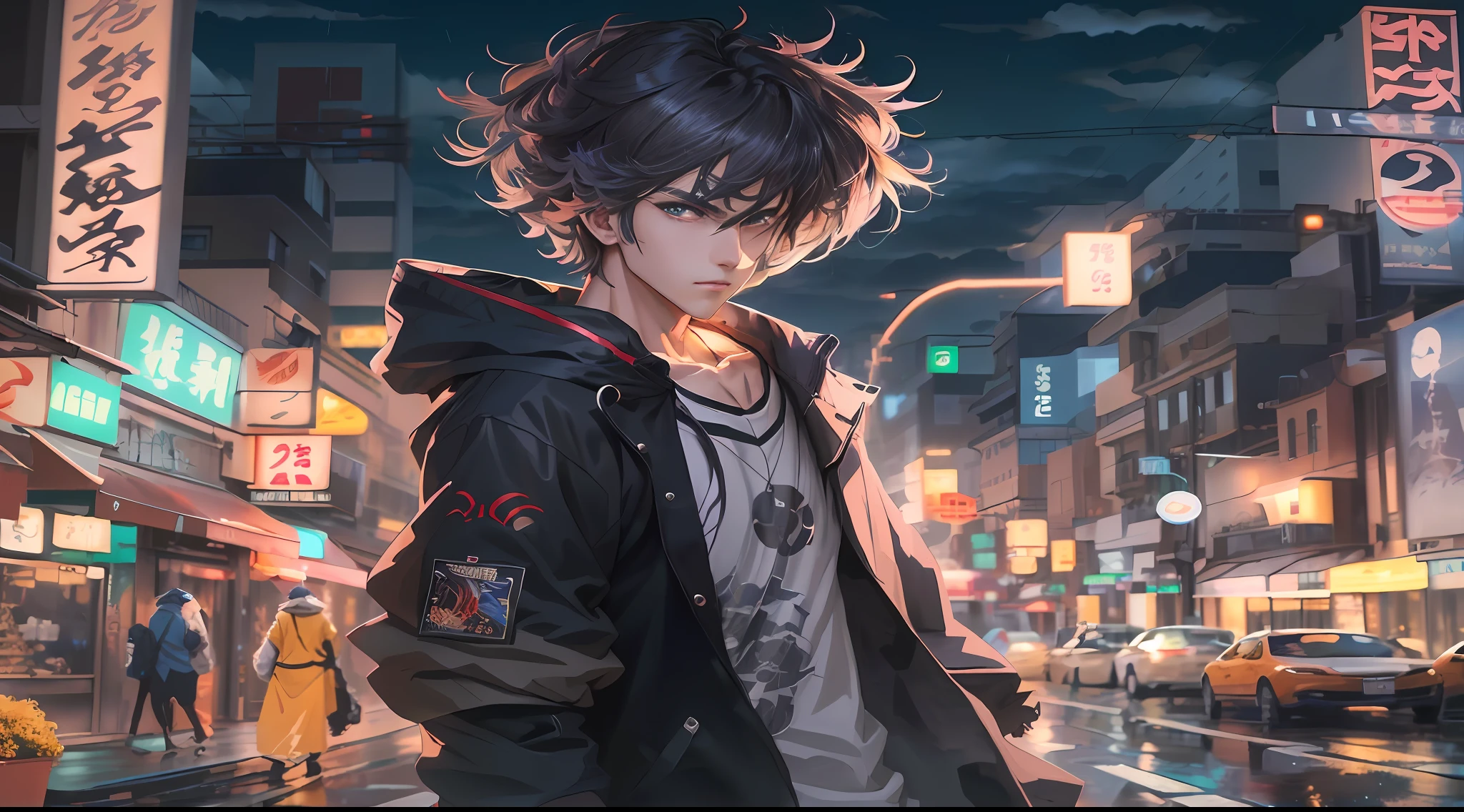 Anime boy in raincoat standing on city street, style of anime4 K, 4K anime wallpaper, Anime style. 8K, Anime wallpaper 4K, Anime wallpaper 4 k, Anime art wallpaper 4k, Anime art wallpaper 4 K, Badass anime 8 K, Anime art wallpaper 8 K, Guviz-style artwork, Anime boy, nightcore