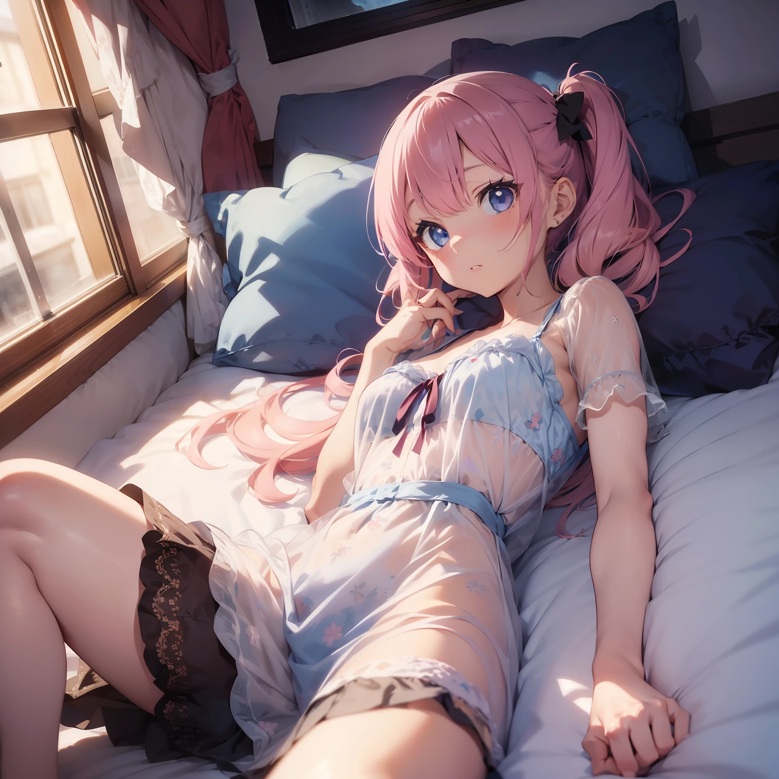 ((​masterpiece))、((best qualtiy)、(Super Detail)、8K、Delicate depictions are filmed in anime style。(natta)、 (Very long hair、Pink hair and bright blue eyes、）(Twin-tailed)Her blue eyes are highlighted。 The overall tone is brighter、She's lying。(See-through nightdress),Moon,window,Bedroom,(Lying in bed with a pillow)