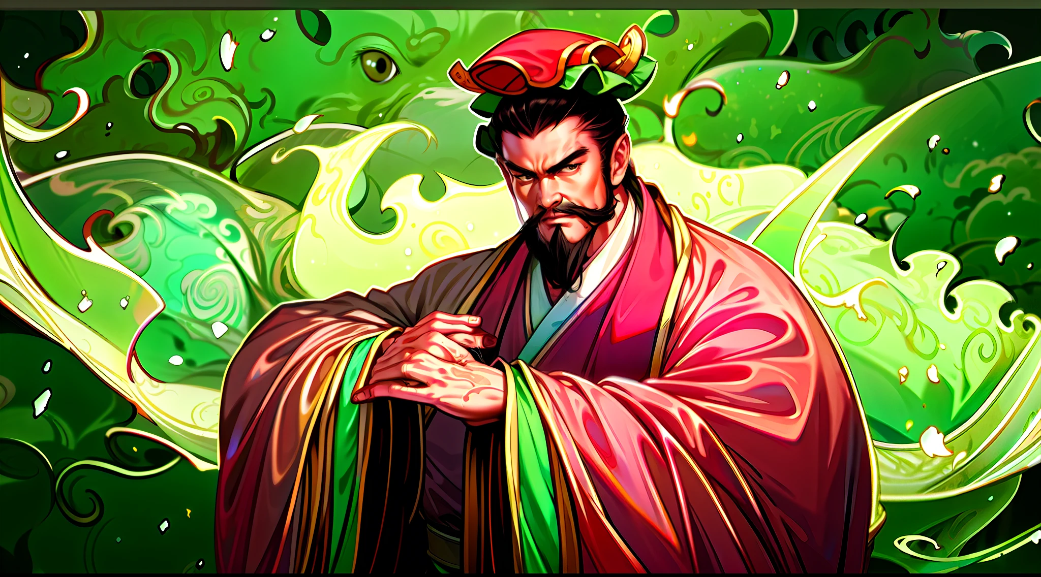 (4k, best quality, highres:1.1), (masterpiece:1.1), man, Chinese male, detailed eyes, looking at viewer, (Chen Daoming:1.6), facial_hair, hanfu, 1boy, beard, male_focus, mustache, chinese_clothes, old, solo, old_man, wide_sleeves, own_hands_together, long_sleeves, topknot, robe, looking_at_viewer, wrinkled_skin
