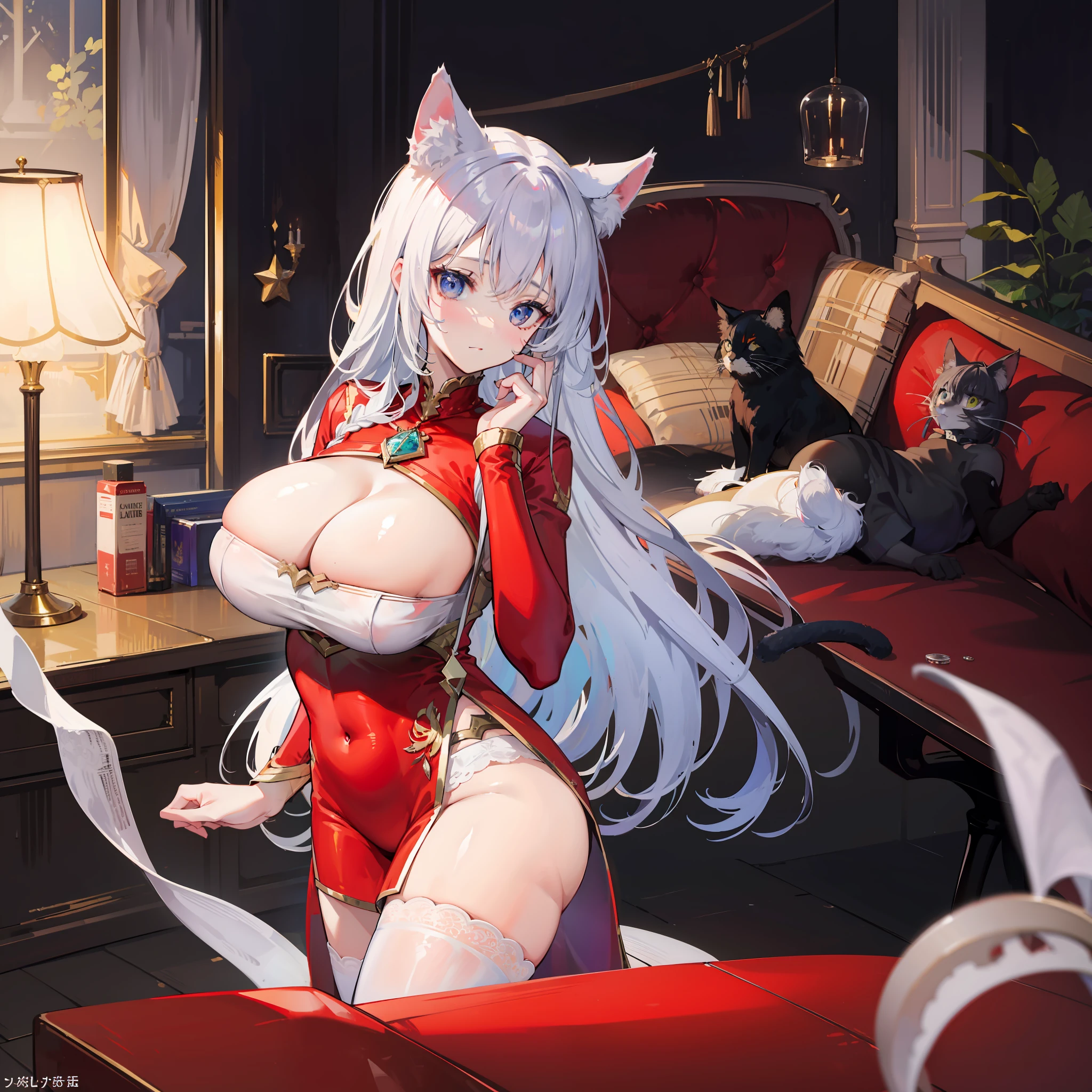 Lori huge breasts cleavage，long  white hair，Single horsetail，little breast，Lie on the table，Hold your face with your hands，white stockings，Be red in the face，looking at you，Thigh crevices，（tmasterpiece），（Best Picture Quality），cat ear