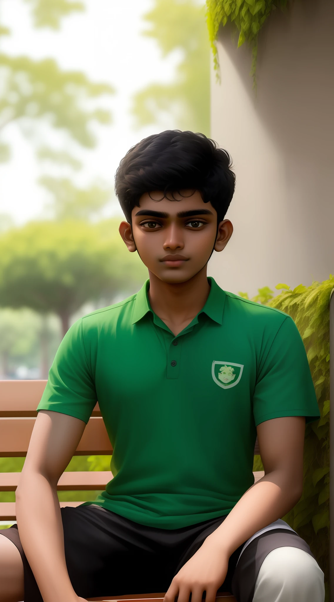 boy sitting on a bench in a park with a green wall, ayan nag, with accurate face, around 1 , jayison devadas, vastayan, vinayak, dhamphir, with kind face, without helmet, selfie photo, face picture, roshan, very clear picture, its name is greeny, nivanh chanthara