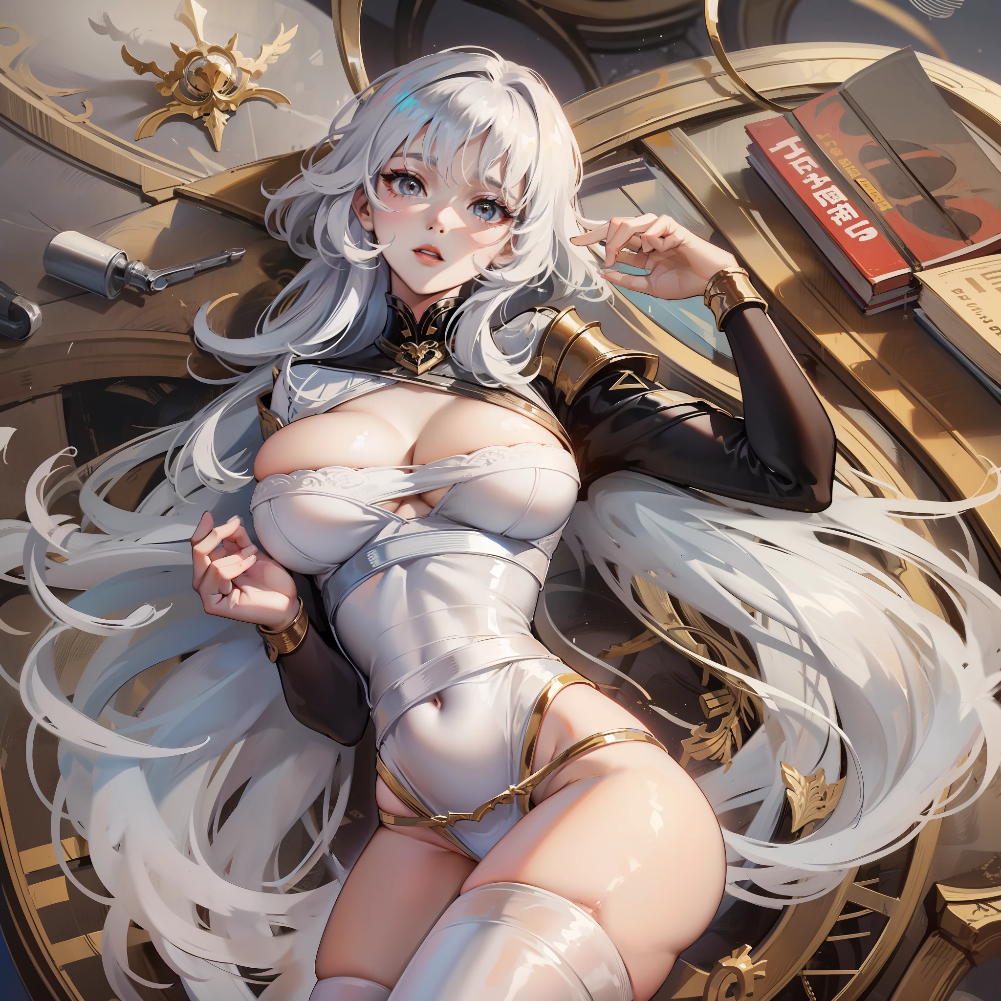 Lori huge breasts cleavage,long white hair,Single horsetail,Medium breast,Lie on the table,Hold your face with your hands,white stockings,Be red in the face,looking at you,Thigh crevices,(tmasterpiece),(Best Picture Quality),