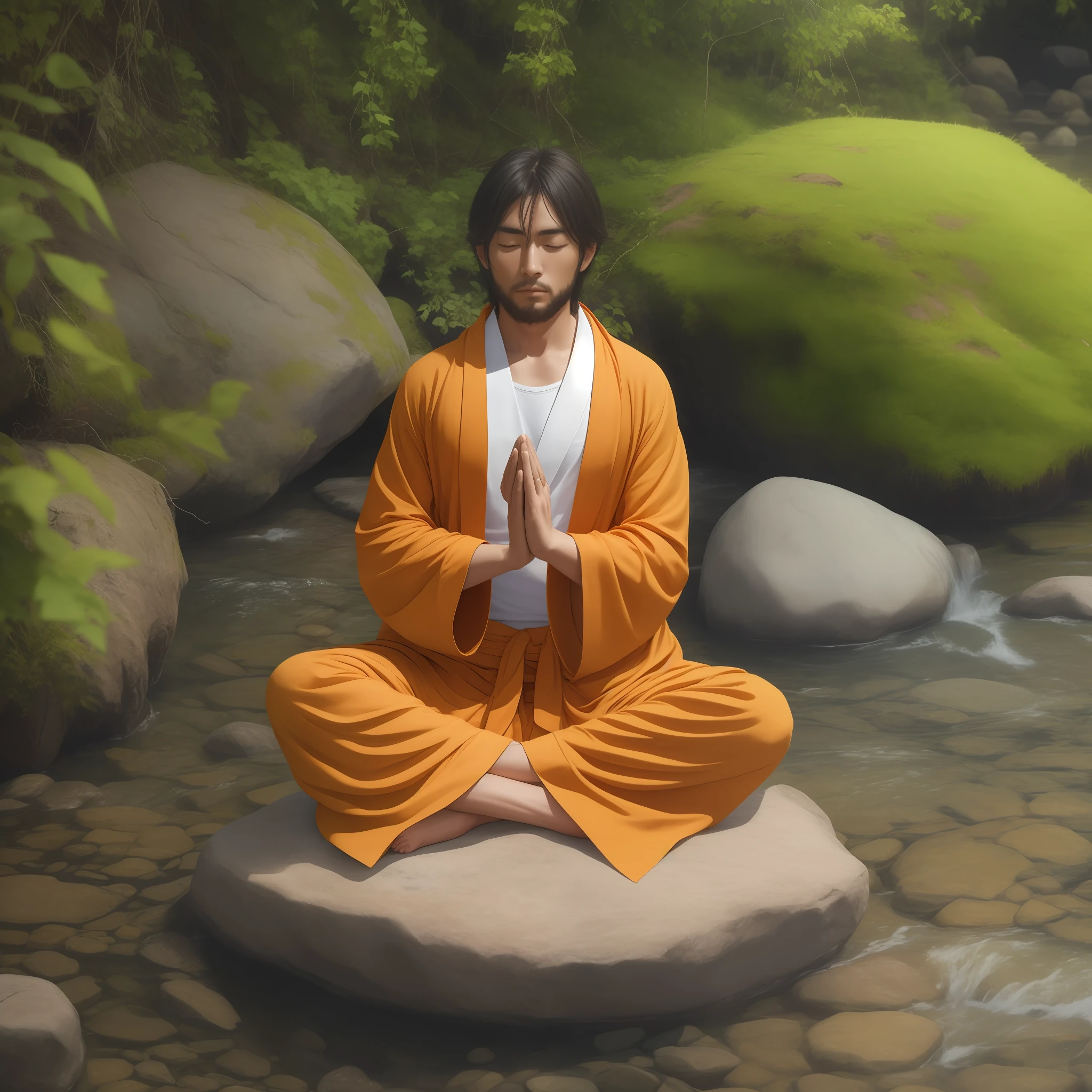 Man in orange bathrobe sitting on the rock by the water, monge meditar, Monge budista meditando, meditation, Meditando, foto de retrato, Zen Meditation, meditating pose, hindu stages of meditation, em paz, meditation pose, Meditativo, serene expression, Sukhasana, Katsura Masakazu, peaceful expression, flutuando em um poderoso estado zen, Monge budista
