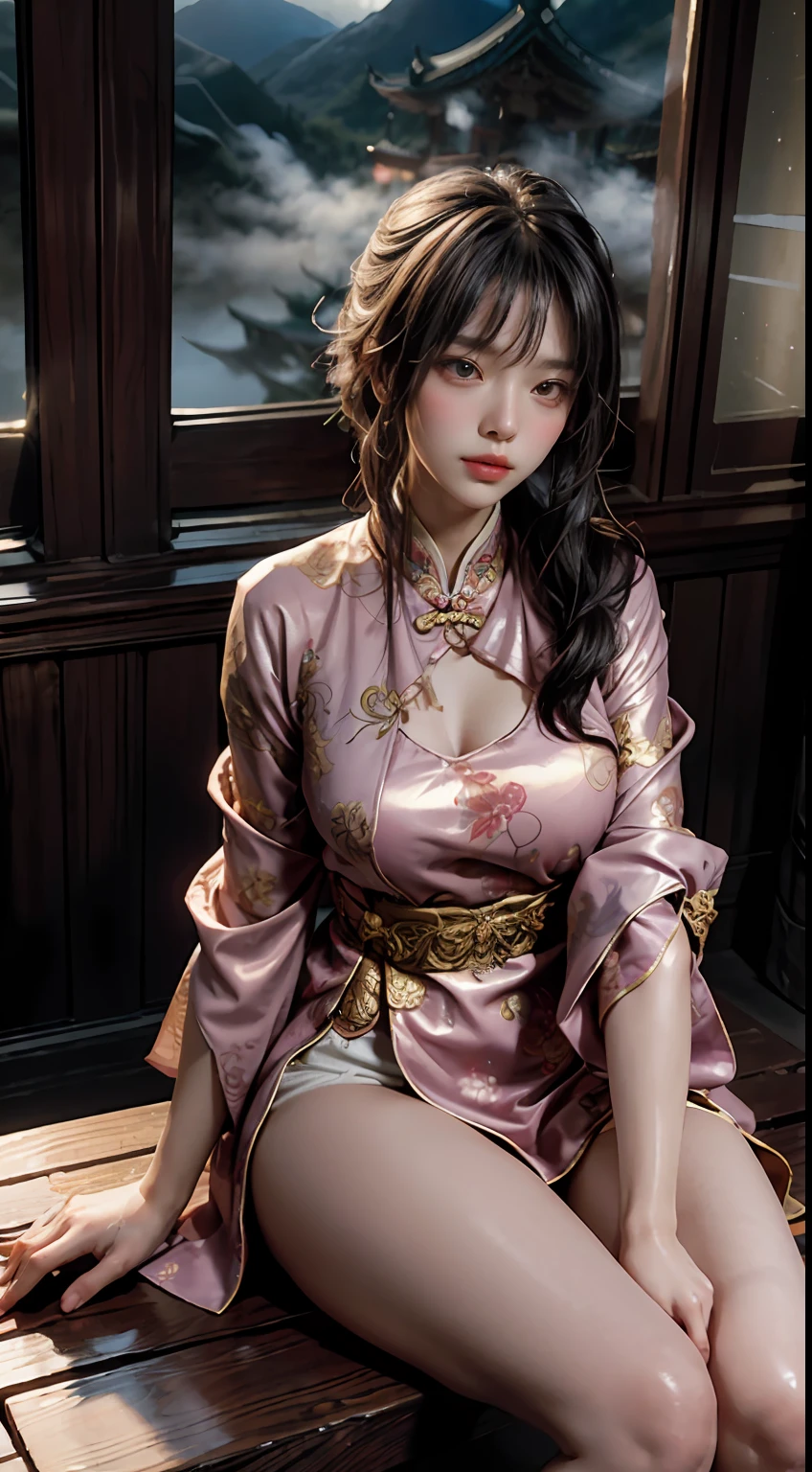 Art depicts a charming woman,Dressed in a flowing manner、Silky traditional oriental dress,in pink,Decorated with intricate patterns and bright colors。Her dress draped elegantly over her curvy figure,Highlights her seductive silhouette。She sat gracefully by the window,In the quiet moonlit night,bathed in the soft glow of the moonlight。The scene exudes an ethereal and dreamy atmosphere,With a touch of mystery and sexiness。The image style incorporates watercolor and digital illustration techniques,It evokes a refined beauty and charm。The lights are filled with soft moonlight,casting soft highlights and shadows on her charming features。Bare thighs,Wear tight pants,Bigchest,Three-dimensional facial features,sitted,your legs,Chinese mythology,loong pattern,fenghuang,divino,Holy,mountain ranges,Temple,Countless palaces,Cloud fog,golden rays。