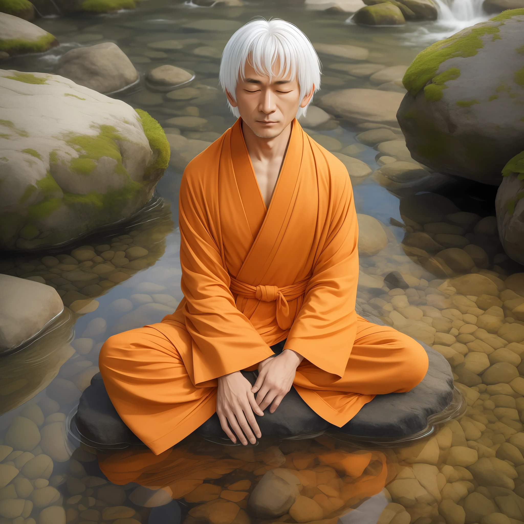 Man in orange bathrobe sitting on the rock by the water, monge meditar, Monge budista meditando, meditation, Meditando, foto de retrato, Zen Meditation, meditating pose, hindu stages of meditation, em paz, meditation pose, Meditativo, serene expression, Sukhasana, Katsura Masakazu, peaceful expression, flutuando em um poderoso estado zen, Monge budista
