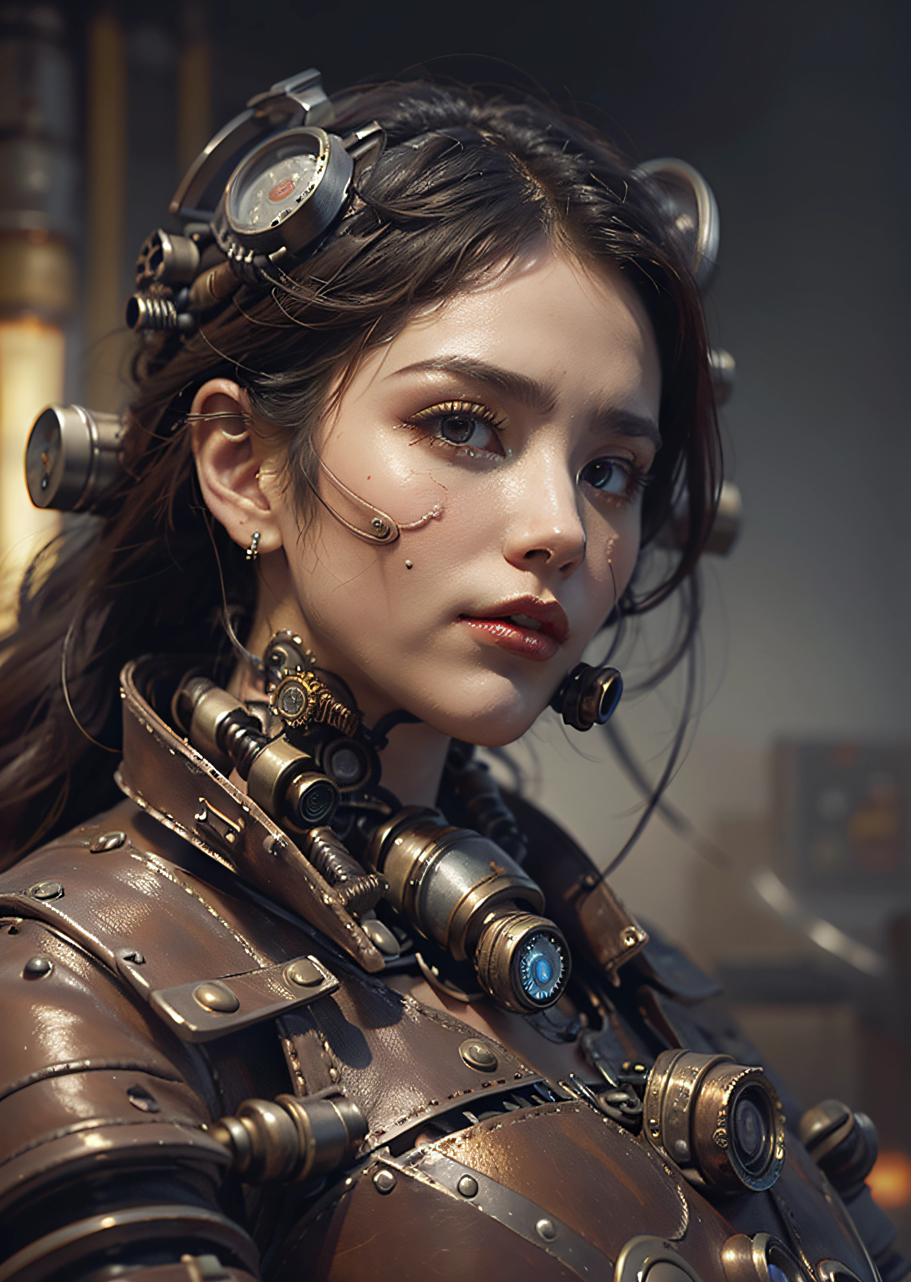 There's a woman, de frente, jaqueta de couro steampunk, arte conceitual steampunk, arte steampunk digital, arte steampunk de alta qualidade, Wojtek FUS, arte digital steampunk, detailed steampunk illustration, Portrait of a mechanical woman, arte steampunk, estilo de arte dieselpunk, cyberpunk steampunk, estilo de fantasia steampunk, Arte digital altamente detalhada em 4k, sci-fi steampunk