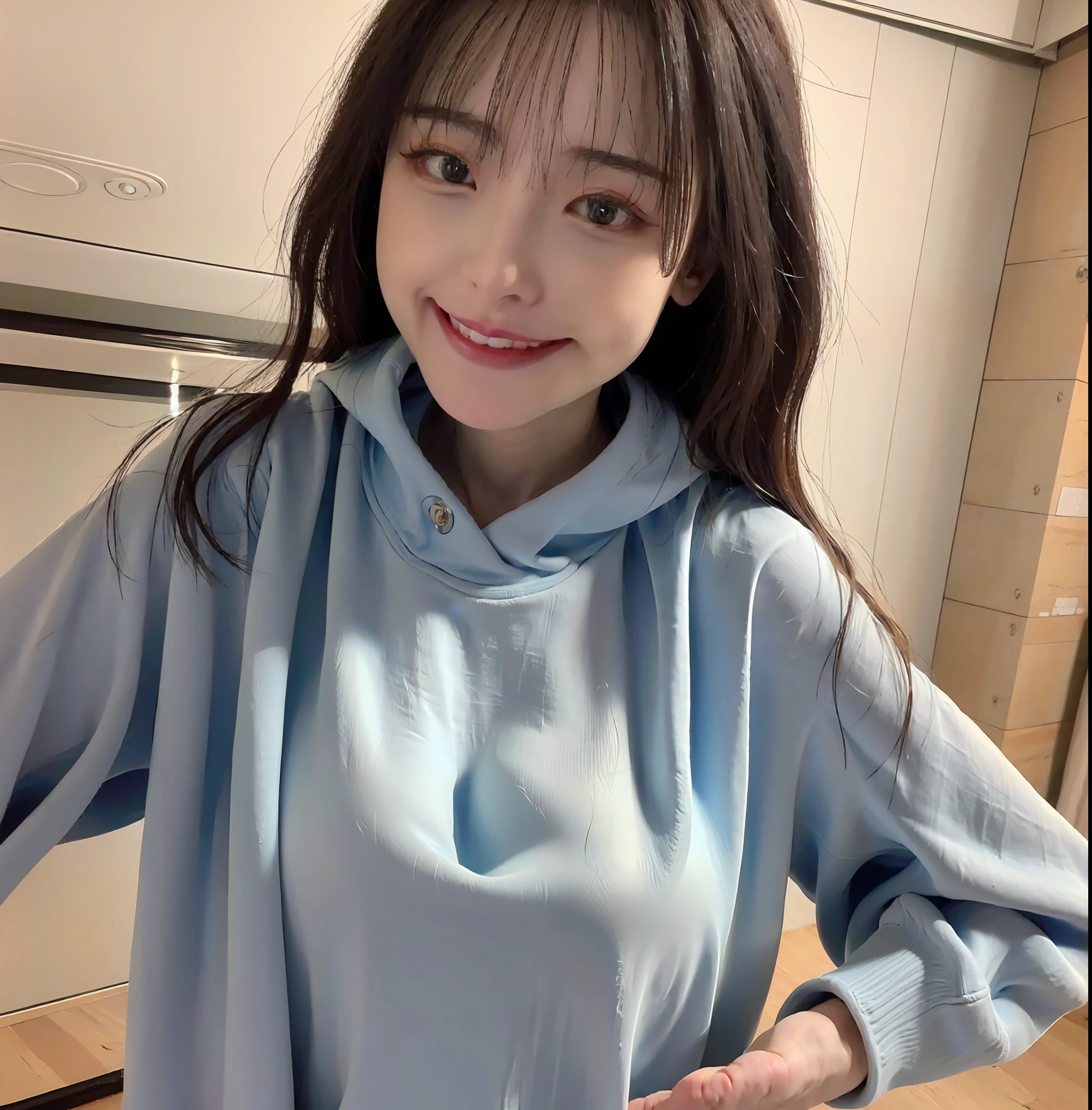 (extremely detailed CG unity 8k wallpaper), (masterpiece), (best quality), (ultra-detailed), (best illustration), (best shadow), (photorealistic:1.4), 1girl on street, Kpop idol, ((very oversize sweater, buttoned sweater, open sweater)), (grey hair:1.1), collarbone, (midel breasts:1.3), looking at viewer, smile, full body,