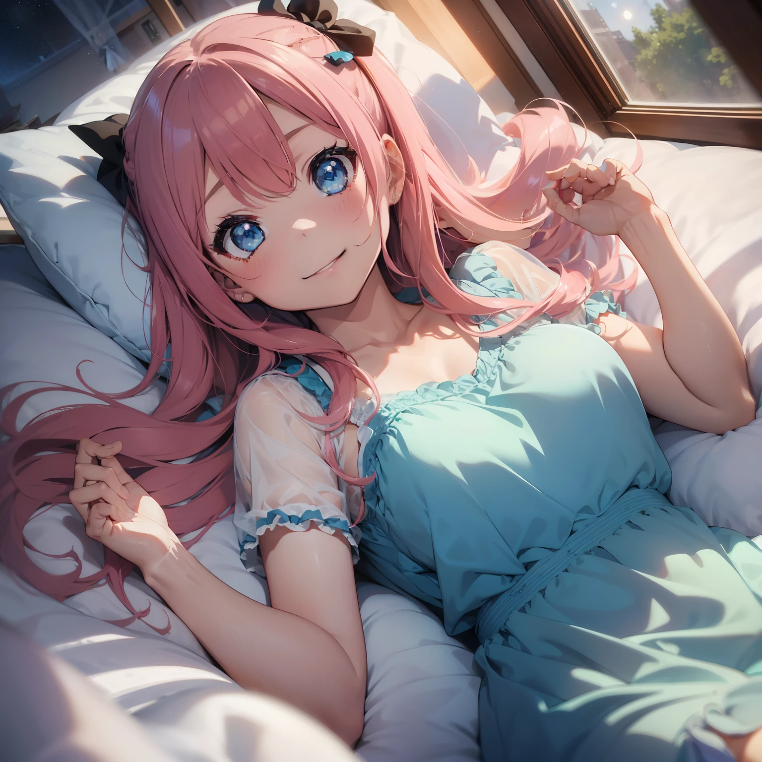 ((masterpiece))、((best qualtiy)、(Super Detail)、8K、Delicate depictions are filmed in anime style。(natta:1.4)、(a smile)、 (Very long hair、Pink hair and bright blue eyes、)(Twin-tailed)Her blue eyes are highlighted。 The overall tone is brighter、She's lying。(See-through nightdress),Moon,window,Bedroom,(Lying in bed with a pillow)