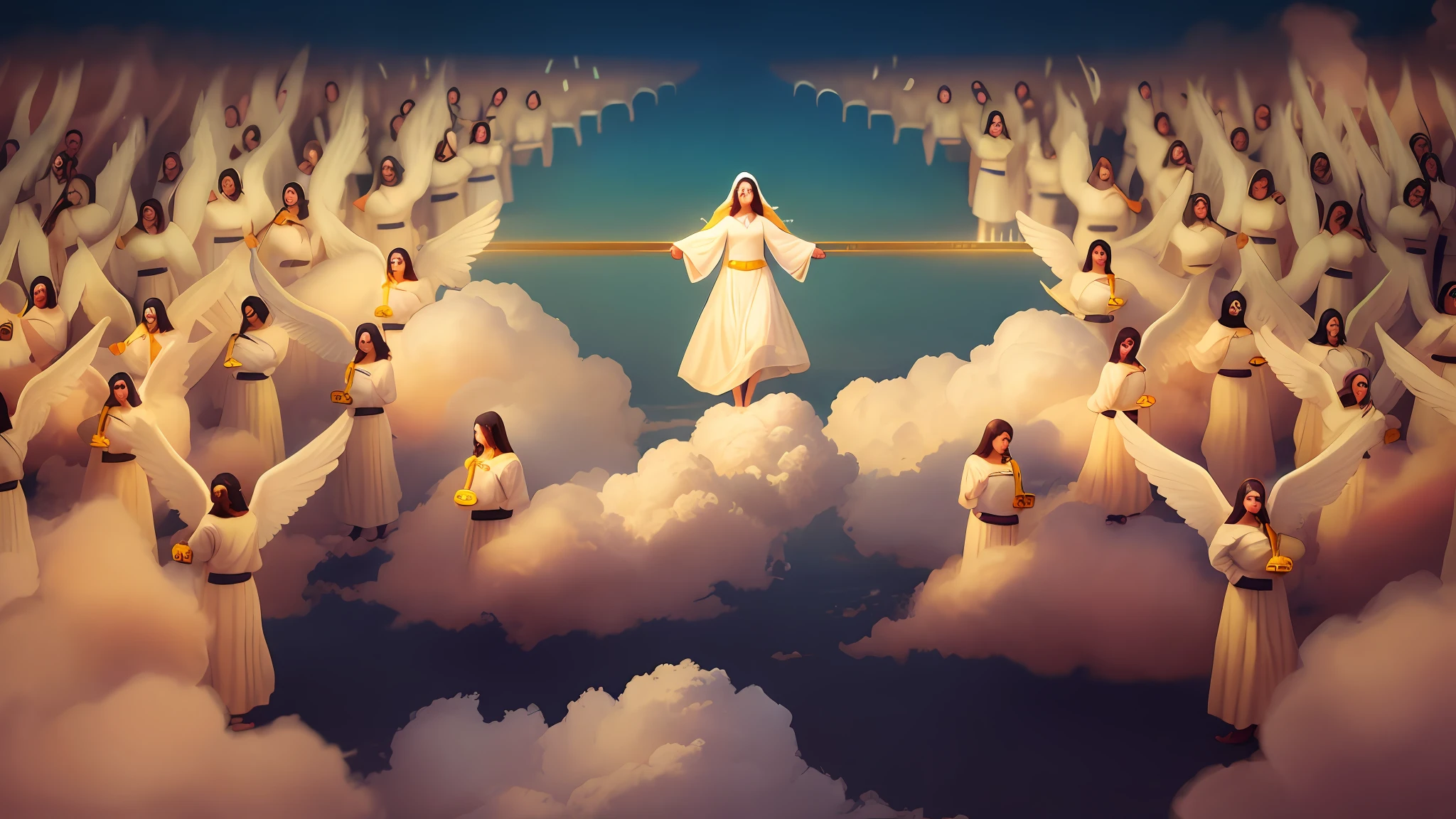 There are many angels in the clouds of heaven with a halo above them, heaven!!!!!!!!, she is arriving heaven, angels in the sky, anjos em vestidos de gaze branca, anjos protegendo jesus Cristo, Anjos, anjos voadores, gold gates of heaven!!!!!!!!, Flying toasters in the sky, arrebatamento celestial, Segunda vinda, O Arrebatamento, anjos biblicamente precisos