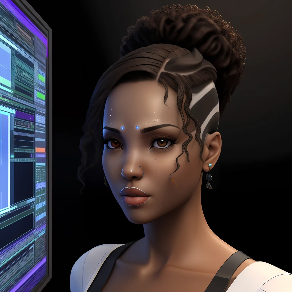 Criar um avatar de uma mulher negra com cabelos crespos programadora concentrada