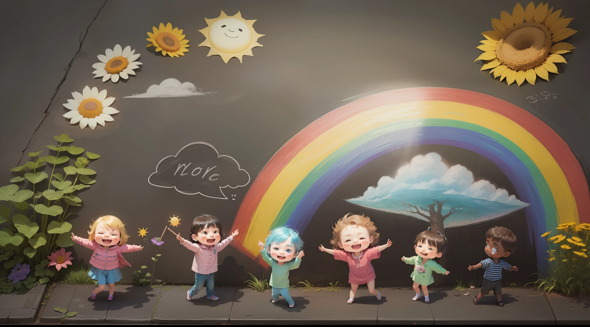 A child's drawing in chalk on asphalt, the sun, a rainbow, puffy clouds, trees and flowers, stick people dancing .