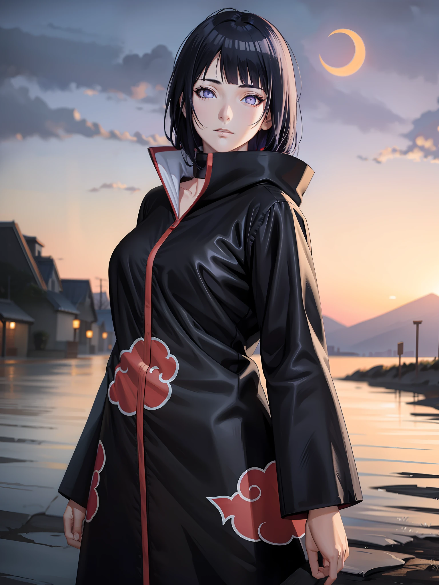 (masterpiece), (best quality), ultra high res, professional artwork, ultra detailed, intricate, detailed face, perfect lighting, 1girl, dark blue hair, (purple eyes), very tight AKATSUKI OUTFIT, ninja, very tight black cloak, very tight black coat, high collar, massive breasts, collarbone, head, night, night sky, crescent moon, red moon, outdoors, (cowboy shot, far shot), blunt bangs, dark blue hair, long hair