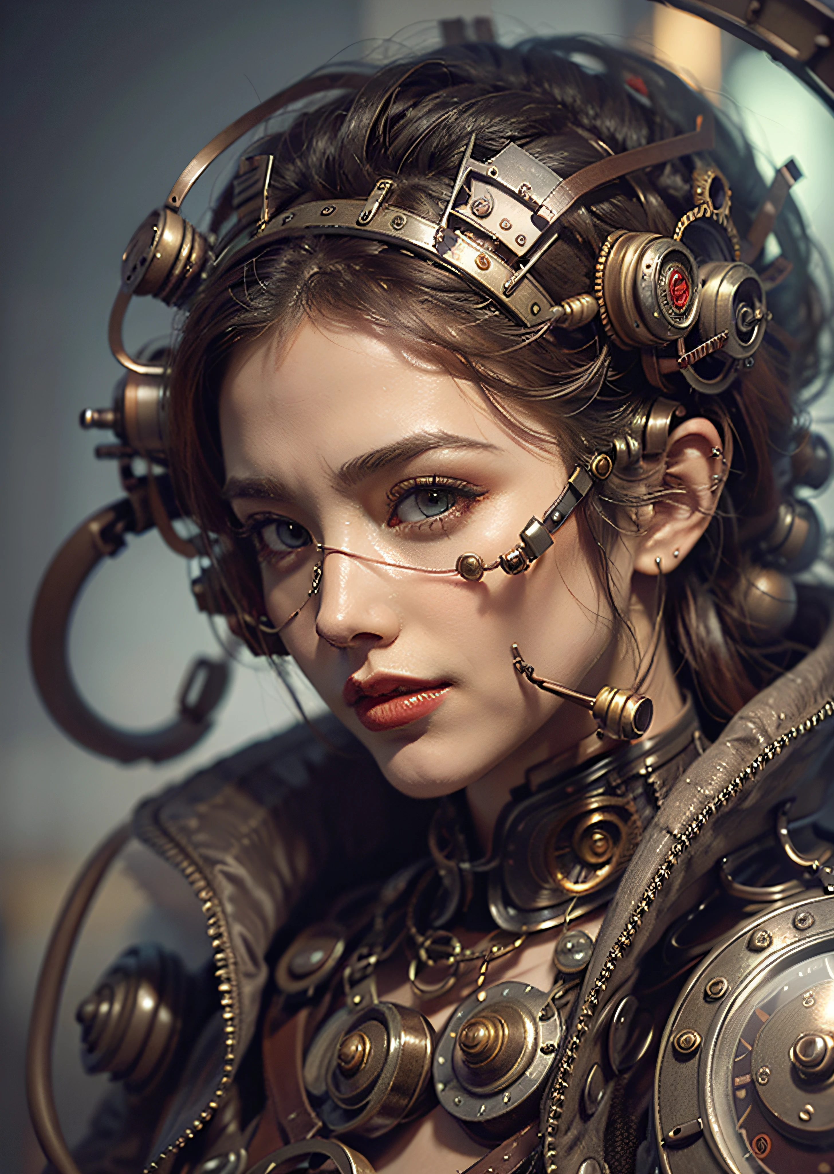 There's a woman facing, super close, jaqueta de couro steampunk, arte conceitual steampunk, arte steampunk digital, arte steampunk de alta qualidade, Wojtek FUS, arte digital steampunk, detailed steampunk illustration, Portrait of a mechanical woman, arte steampunk, estilo de arte dieselpunk, cyberpunk steampunk, estilo de fantasia steampunk, Arte digital altamente detalhada em 4k, sci-fi steampunk