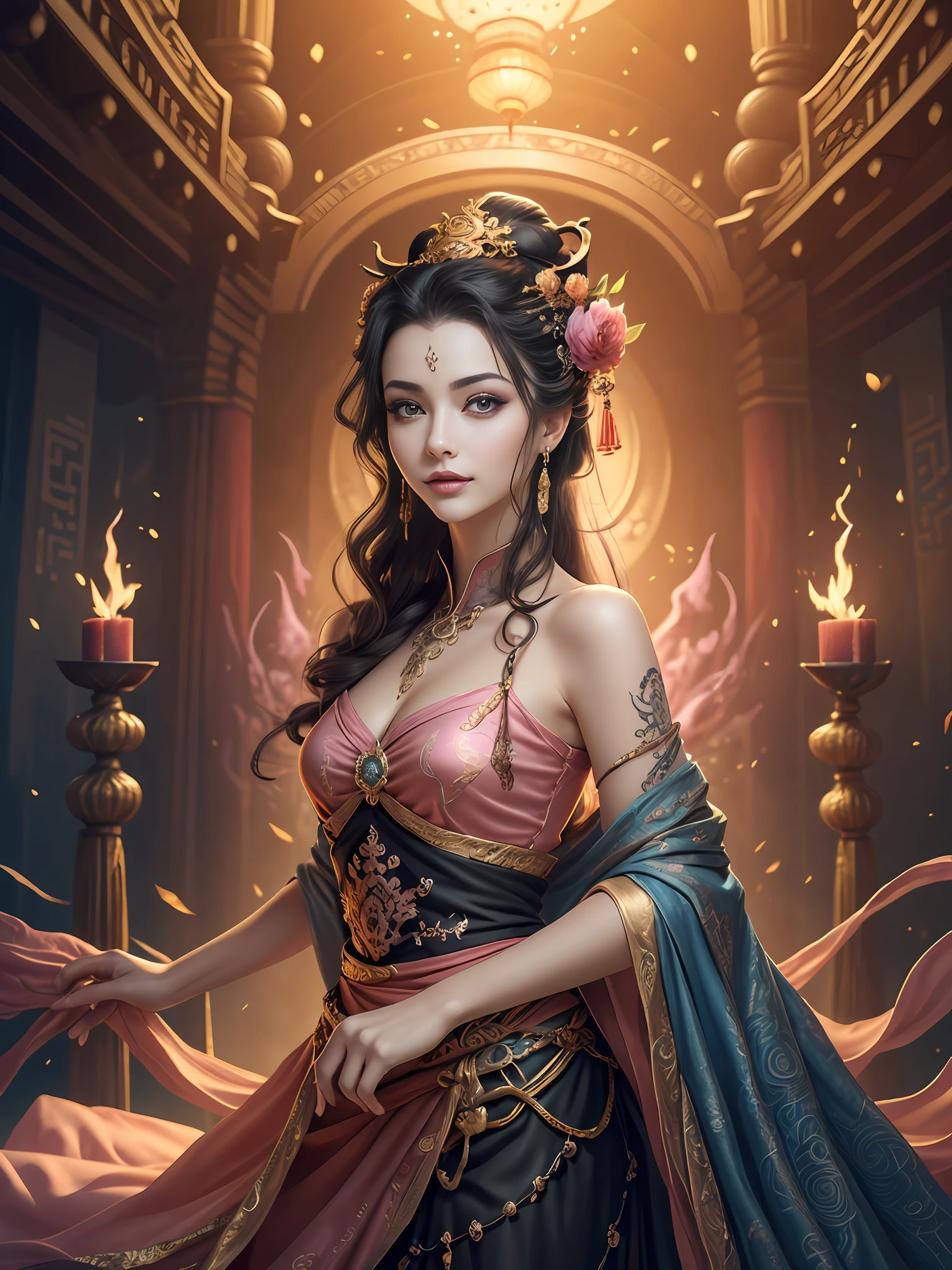 Soft and dynamic girl, wearing a loose and flowing pink dress, mysterious expression, black-pink curly hair, [Aishwarya Rai], bold and colorful abstract art in a modern and abstract environment, blurred background, bright lights, official art, unity 8k wallpaper, (zentangle, mandala, tangled, tangled), complex clothes, stroke (whole body, from all directions, masterpiece, top quality,  best quality, official art, Beauty and aesthetics: 1.2), very detailed, (fractal art: 1.1), (color: 1.1) (flowers: 1.3), highest detail, (zentangle: 1.2), (dynamic pose), (abstract background: 1.3), (bright skin), (multiple colors: 1.4), (feathers: 1.5), dynamic angle, most beautiful chaotic shapes, elegant, fauvist design, bright colors, romanticism, dark style beautiful princess of the underworld scary bad smile complex tattoos Anime 3D Art Style 3D Dark Night Deep Black Sky Horror ((Cold Complex Skull Accessories))  (Guvez style art) ((Black Chinese-style underground palace with huge complex structure in the background)) Leica Depth of Field Lens (Masterpiece, Top Quality, Best Quality, Official Art, Beauty and Aesthetics: 1.2), (1girl: 1.3), (Fractal Art: 1.3) (Masterpiece, Top Quality, Best Quality, Official Art, Beauty and Aesthetics: 1.2), (1girl), Extreme Detail, Colorful, Highest Detail, Official Art, Unified 8k Wallpaper, Ultra Detailed, Beautiful and Aesthetic, Beautiful, Masterpiece, Best Quality, (Zentangle,  Mandala, Curled, Tangled), Holy Light, Gold Leaf, Gold Foil Art, Glitter Drawing, PerfectNwsjMajic M Desfi masterpiece, the best quality, hair becomes fire, hair is on fire, fantasy, (Ray: 1.05), Orange Light Particles, Landscape, Fire, Beautiful and Detailed Explosion, Beautiful Detailed Glow, Flame Burning Around, Flame Burning Around, Fire Feather, Burning, Ashes,  (Red Sun: 1.05), (Flame Around Character: 1.1), Solo, Crazy Smile, (Detail: 1.05), High Res Illustration