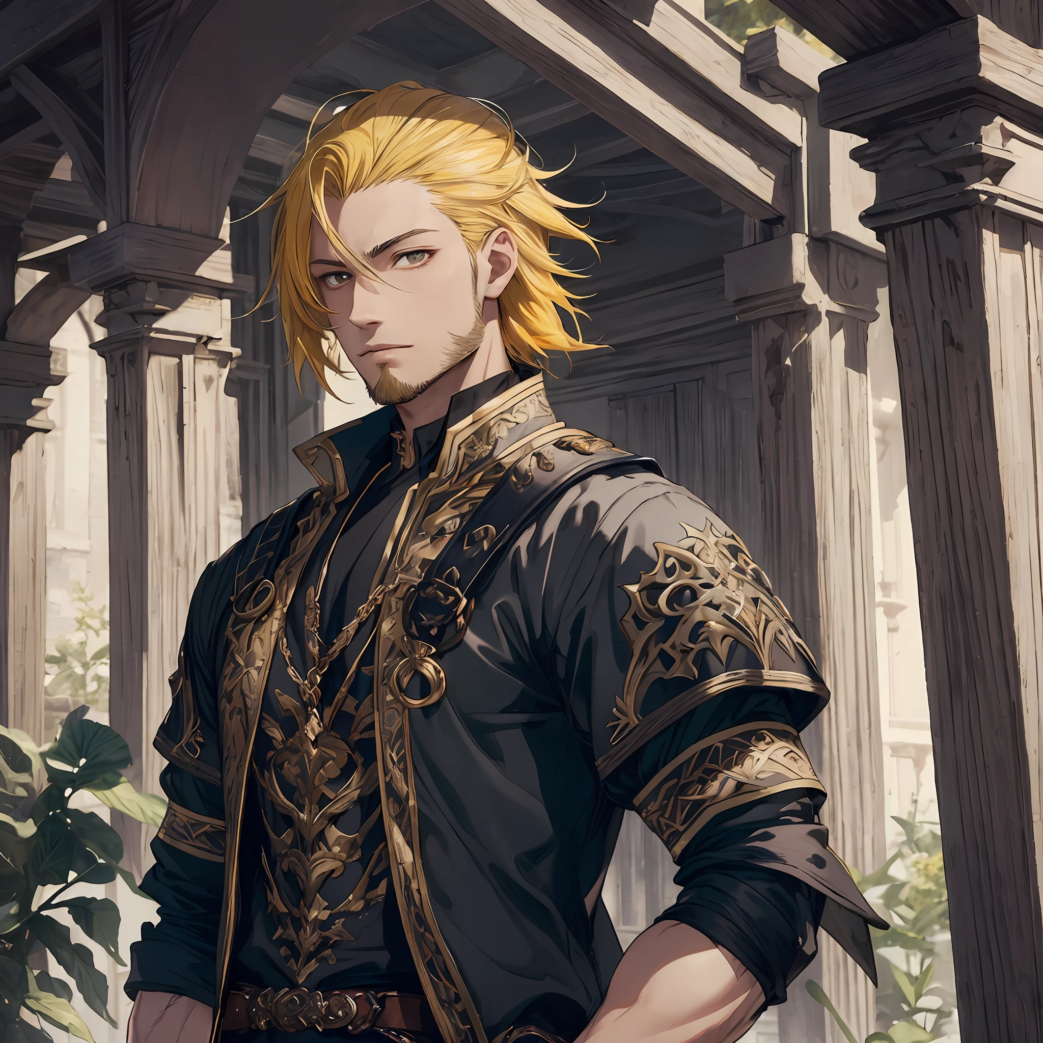 masterpiece, best quality, 1man, adult, male focus, solo, blonde hair, vibrant yellow hair, side shaved hair, beard, looking at viewer, closed mouth, Fantasy aesthetics, Highly detailed, shadowverse style, warrior, muscular arm, muscular, black attire