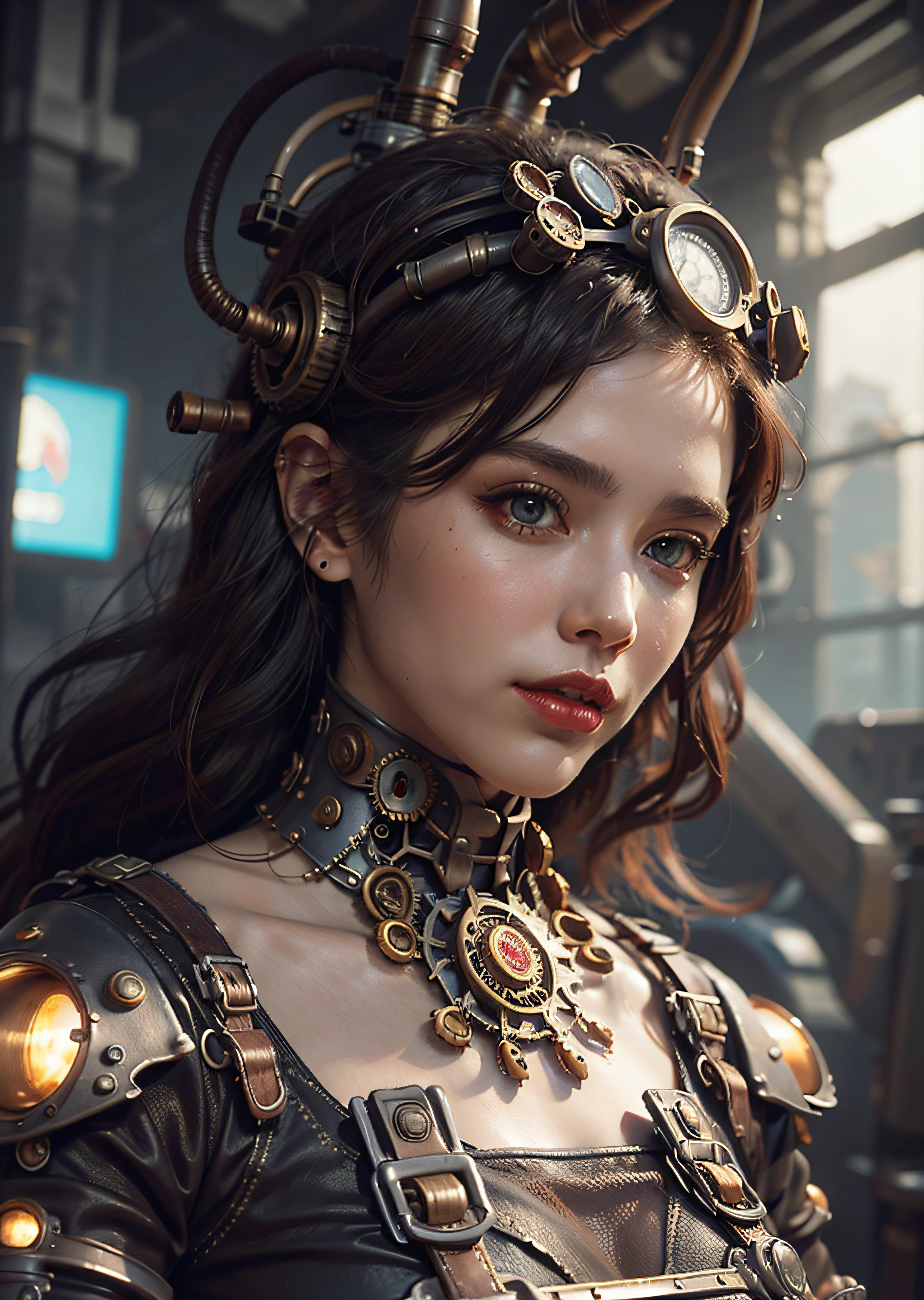 There's a woman facing, super close, jaqueta de couro steampunk, arte conceitual steampunk, arte steampunk digital, arte steampunk de alta qualidade, Wojtek FUS, arte digital steampunk, detailed steampunk illustration, Portrait of a mechanical woman, arte steampunk, estilo de arte dieselpunk, cyberpunk steampunk, estilo de fantasia steampunk, Arte digital altamente detalhada em 4k, sci-fi steampunk