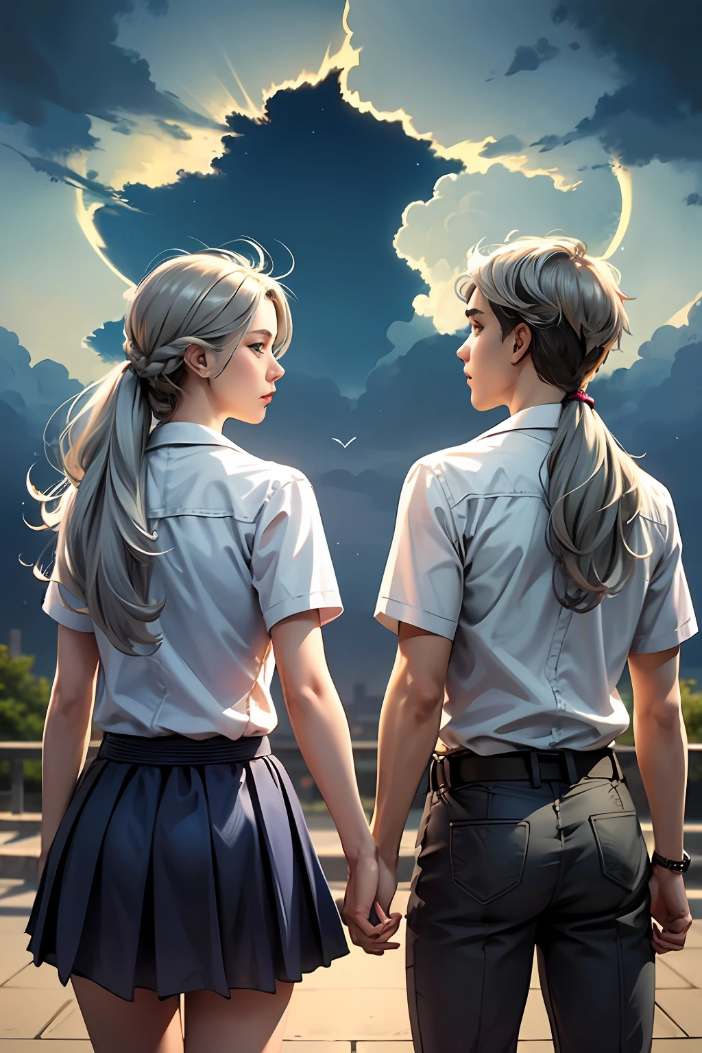 Two 15-year-old teenage friends with Latin skin and light gray hair at school are talking about an important topic are friends almost like brothers........Magnificent background of the sky, dramatic, hermoso, premiado, obra maestra,