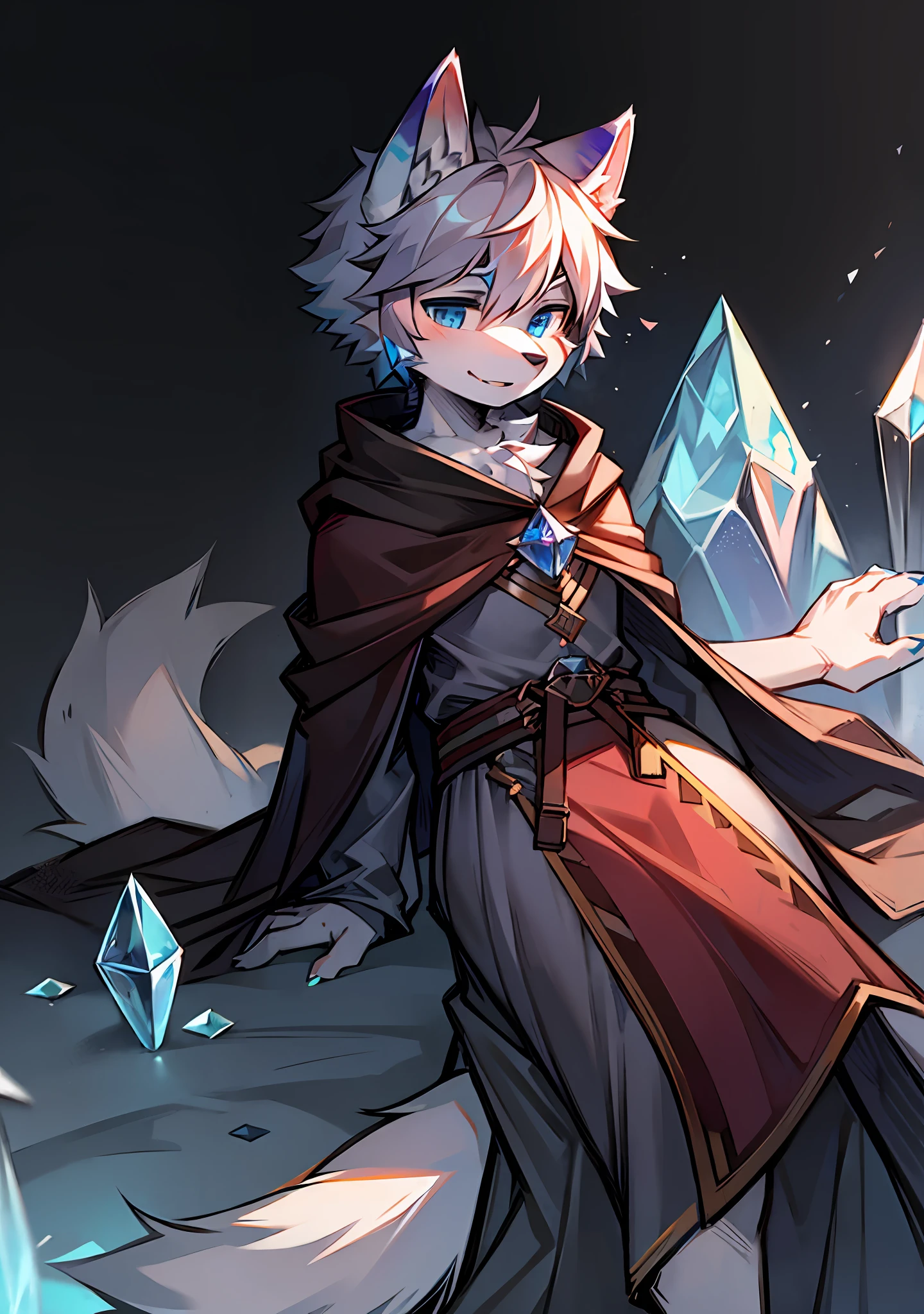 Furry，Wolf Boy，White fur，crystal blue eyes，Single fluffy tail，greyt hair，short detailed hair，Cloak