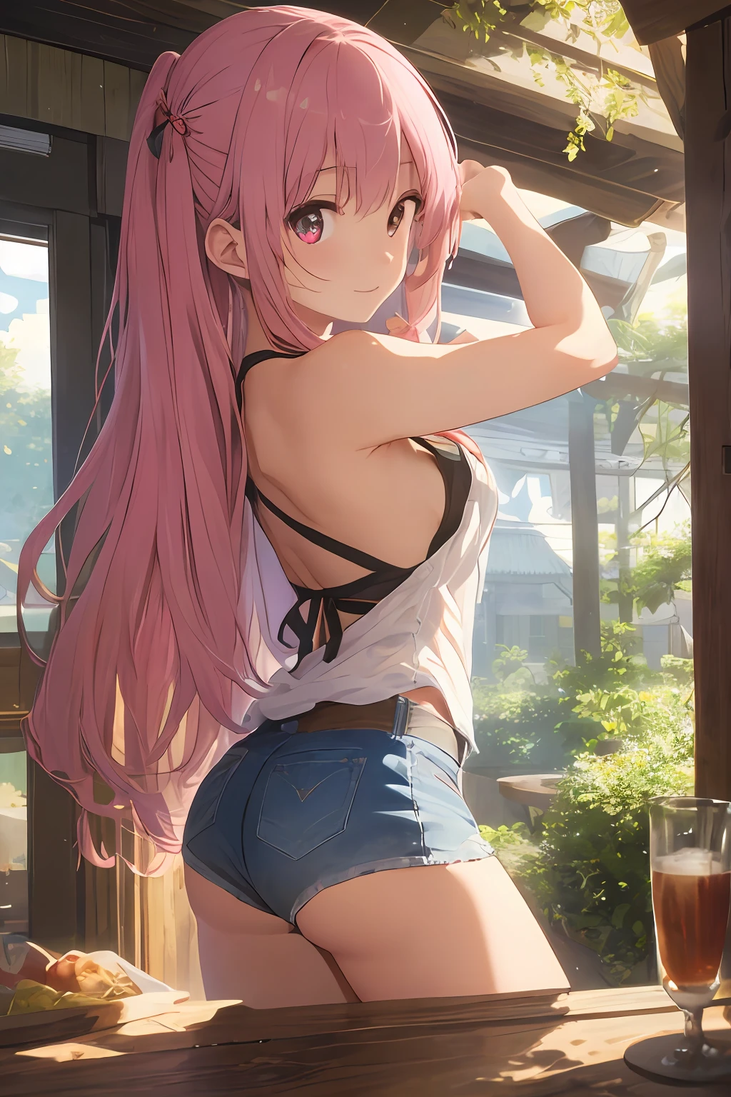 (masterpiece、realisitic:1.4)、(very intricate:1.2)>、Close Shot、((Intense pastel tones)),portlate、(The upper part of the body:1.2)、(from the front side:1.3)、(dinner table)、Backless Tank Top、hotpants、(Very long hair)、A smile、breastsout、bare shoulders、garden、dinner、nigh sky、(florals)、(Confetti)、looking at the viewers、Italian、tilt of the head、the wind、rays of moonlight、1girl in、独奏、Pink hair、BREAK、ciinematic light、超A high resolution、8KUHD、film grains、perfect anatomia、Exquisitely detailed skin、 Best Shadows、Delicate、raw、hight resolution、Precise background、(Natural forest in the background)、(breastsout)Protrusion of