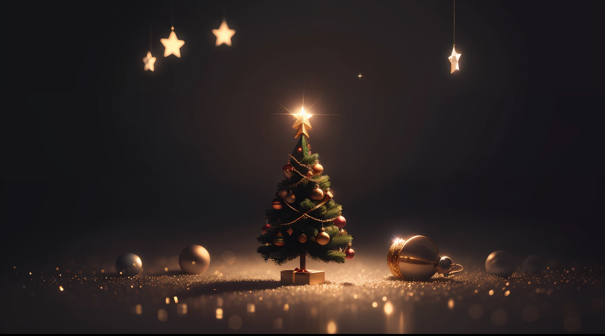no human, photography installations, simple background, hyper-realistic, poetic intimacy, Lots of ornaments, Christmas tree of full size, There is a margin at the top, There is a negative space at the top, lot of space for comment, Surrealism, Minimalism, cinematic lighting, sparkle, sparkle, high detail, Romanticism, negative space, UHD, high details